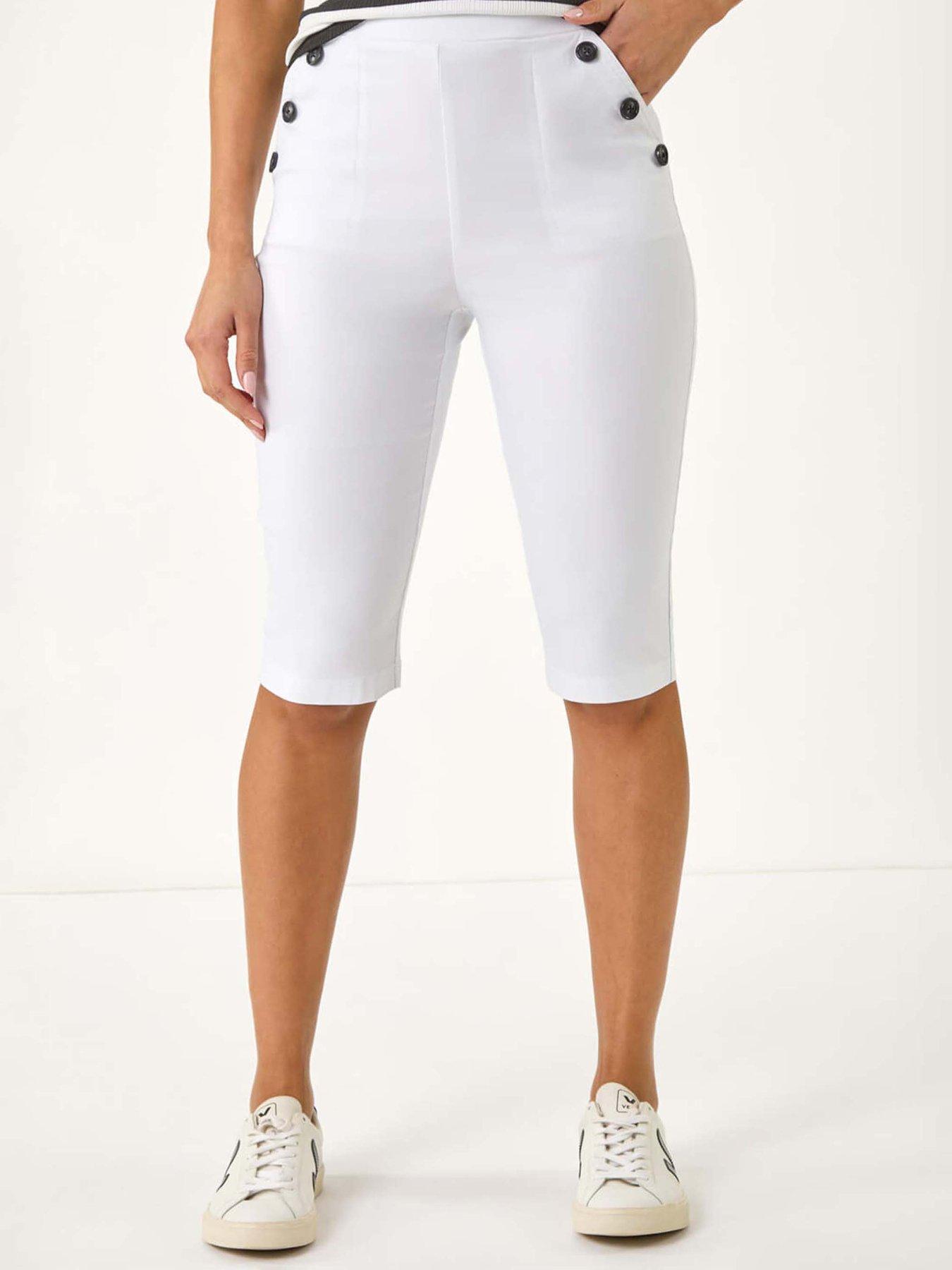 undefined Elastic Waist Button Cropped Shorts - White
