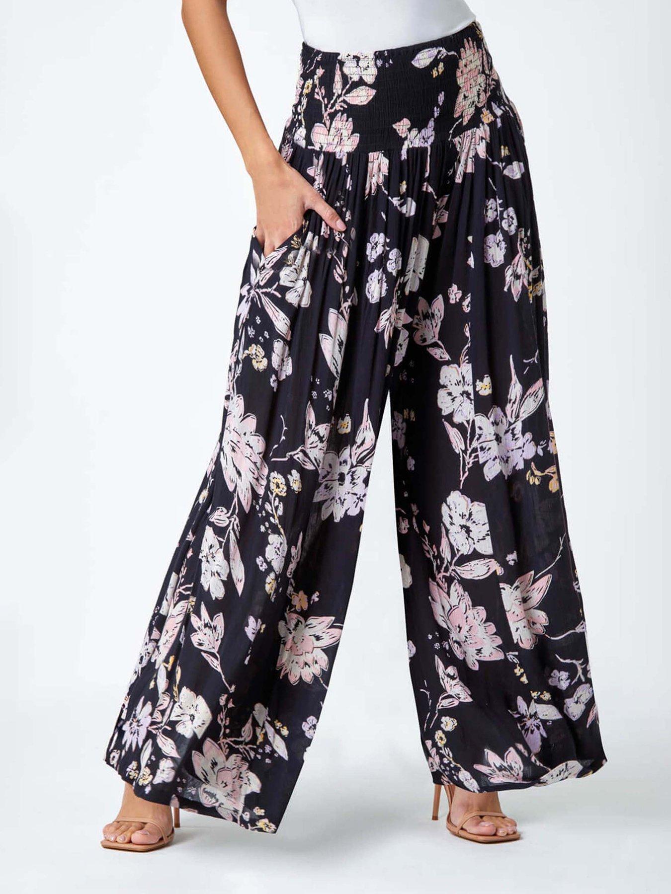 Roman Floral Elastic Waist Wide Leg Palazzo Trousers - Black