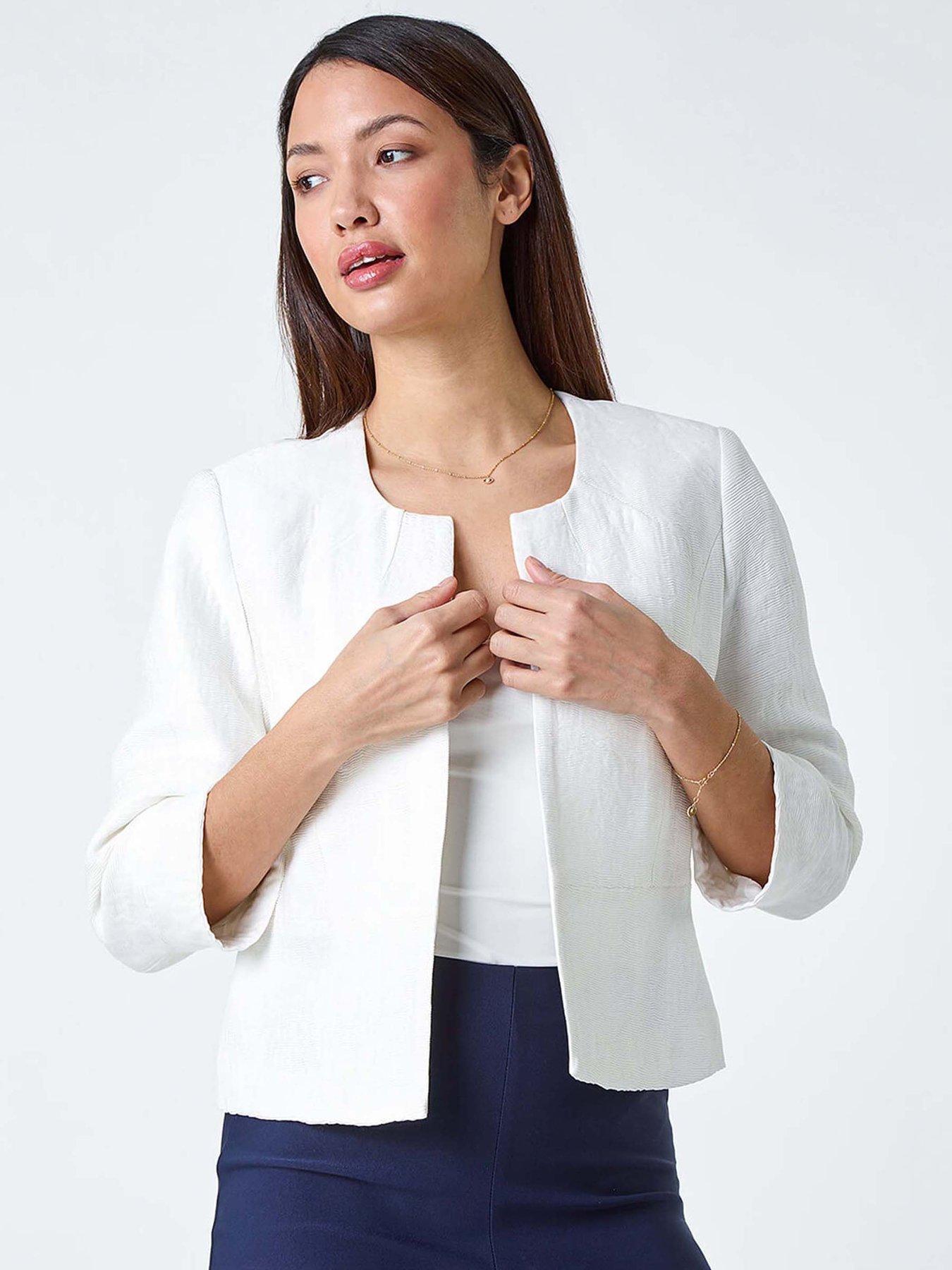 Image 1 of 5 of Roman 3/4 Sleeve Pleated Textured Cropped Jacket - Ivory