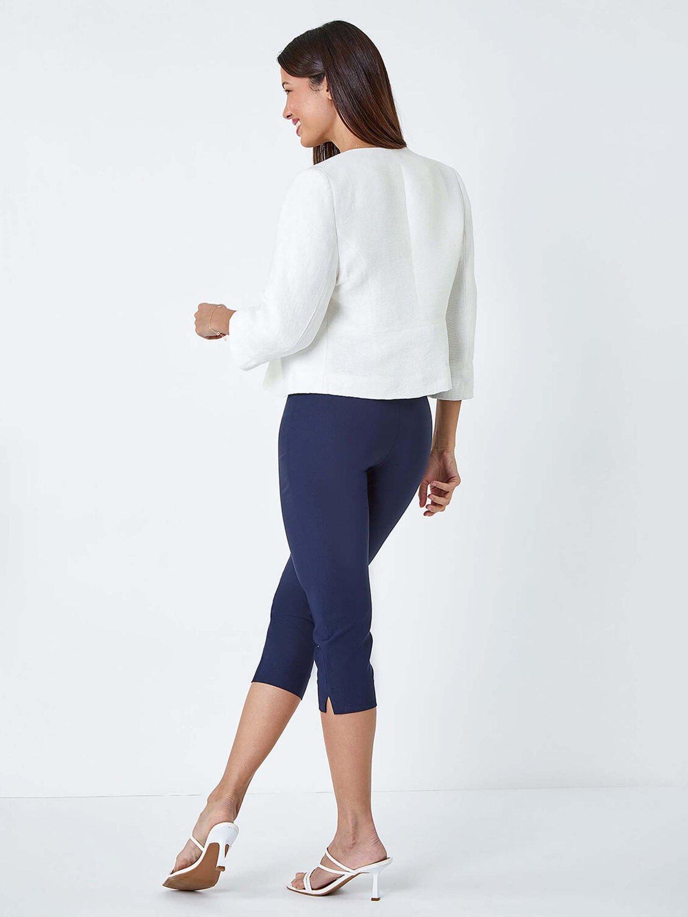Image 2 of 5 of Roman 3/4 Sleeve Pleated Textured Cropped Jacket - Ivory
