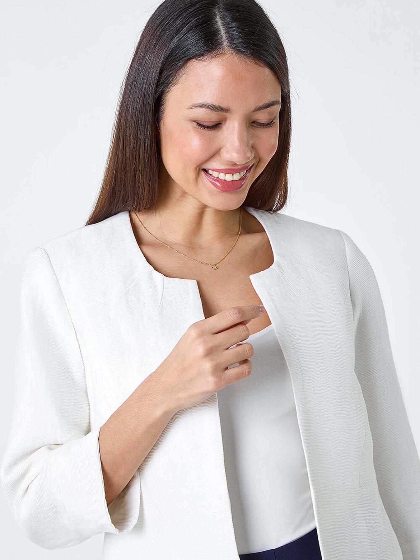 Image 4 of 5 of Roman 3/4 Sleeve Pleated Textured Cropped Jacket - Ivory