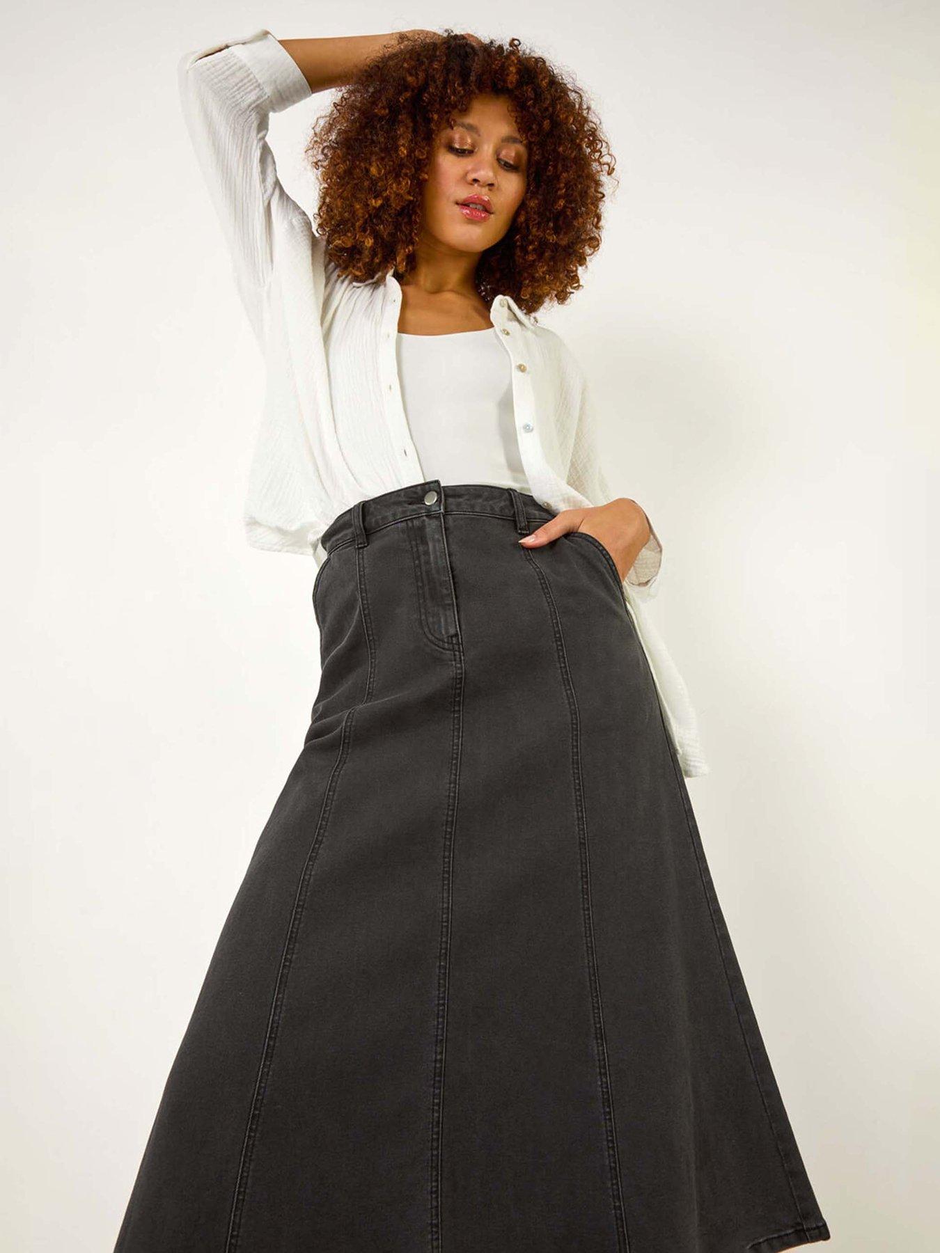 Image 5 of 5 of Roman Cotton Denim Panelled Midi Skirt - Black