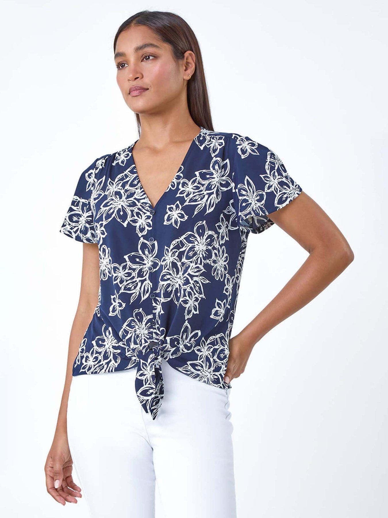 undefined Textured Floral Print Tie Front Top - Navy