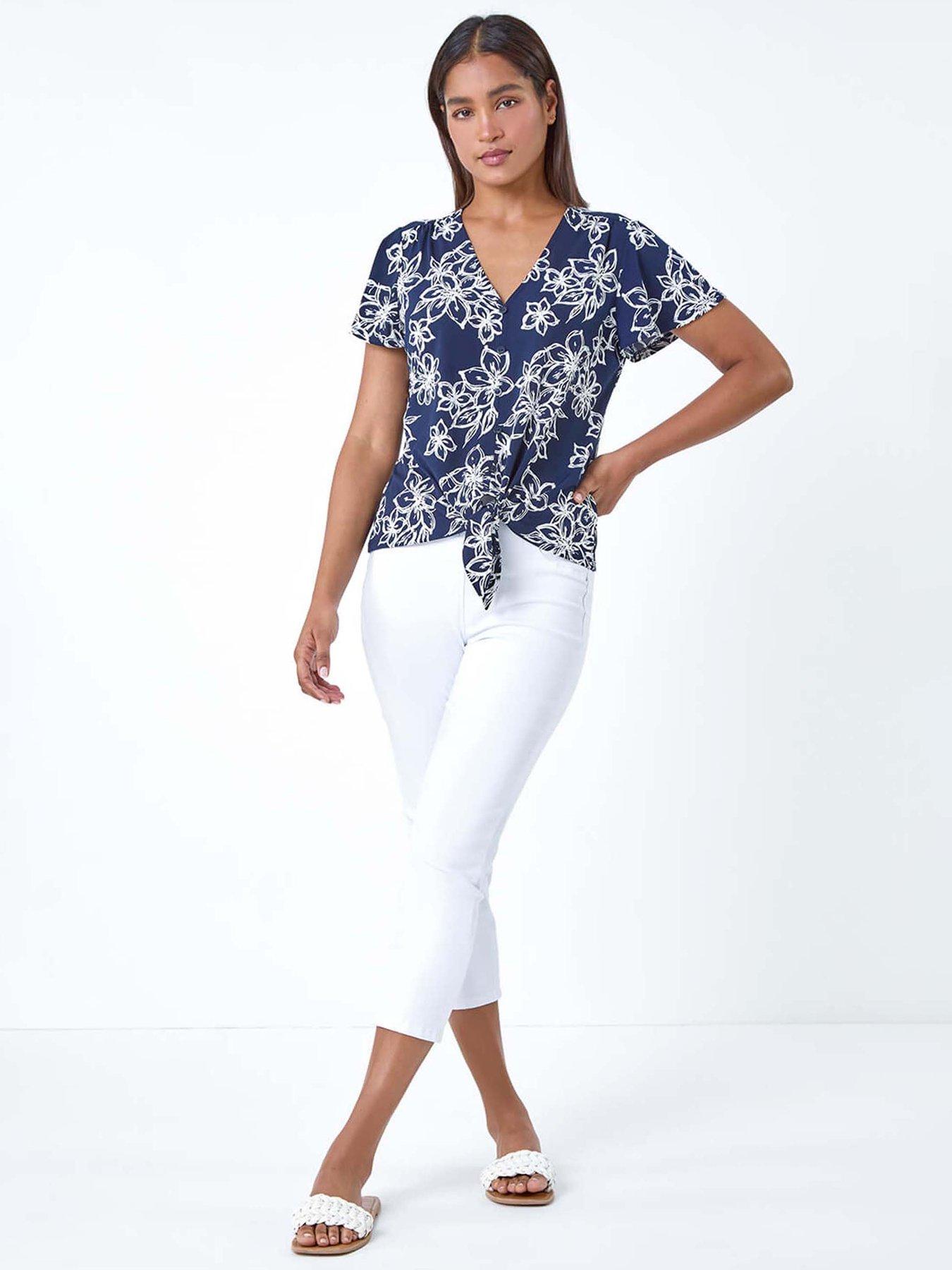 Image 3 of 5 of Roman Textured Floral Print Tie Front Top - Navy