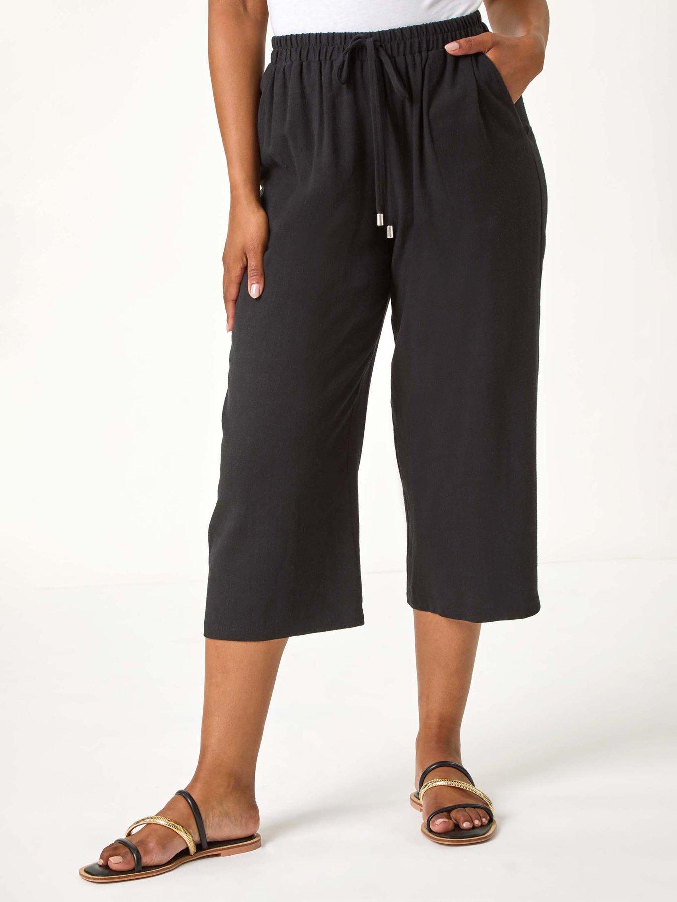 Image 1 of 5 of Roman Petite Linen Mix Wide Cropped Trousers - Black