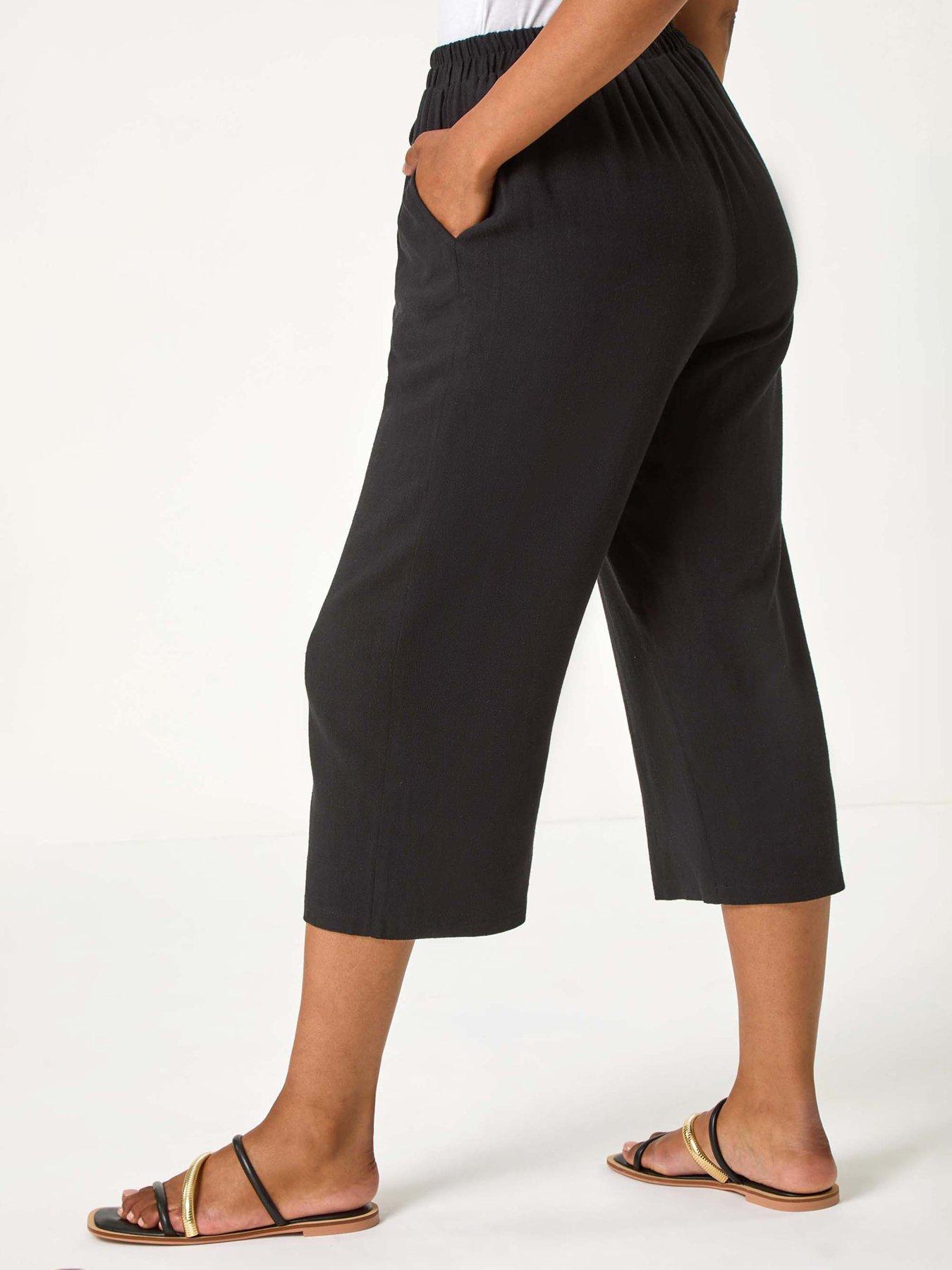 Image 2 of 5 of Roman Petite Linen Mix Wide Cropped Trousers - Black
