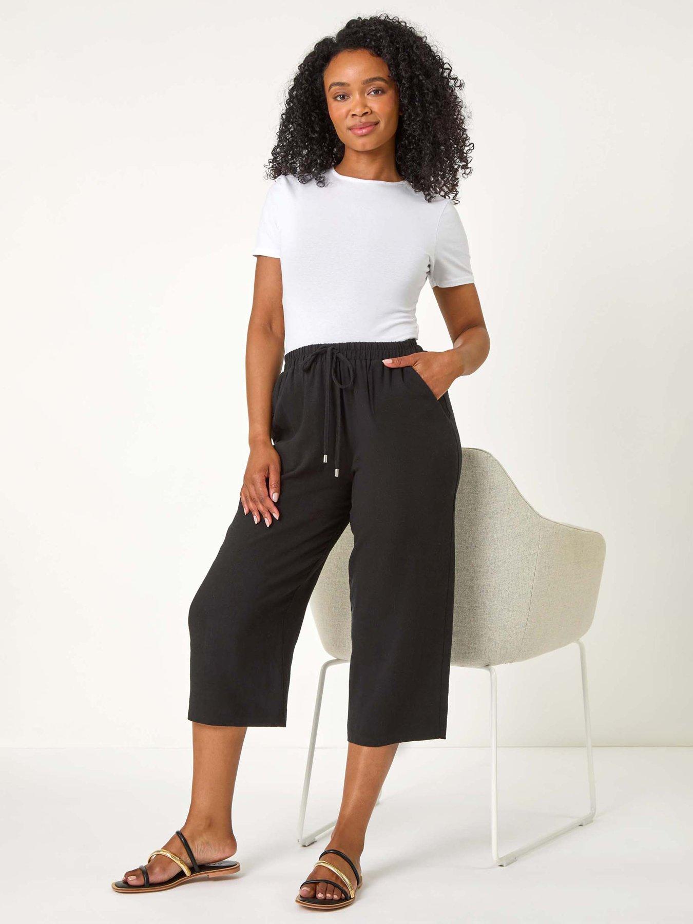 Image 4 of 5 of Roman Petite Linen Mix Wide Cropped Trousers - Black