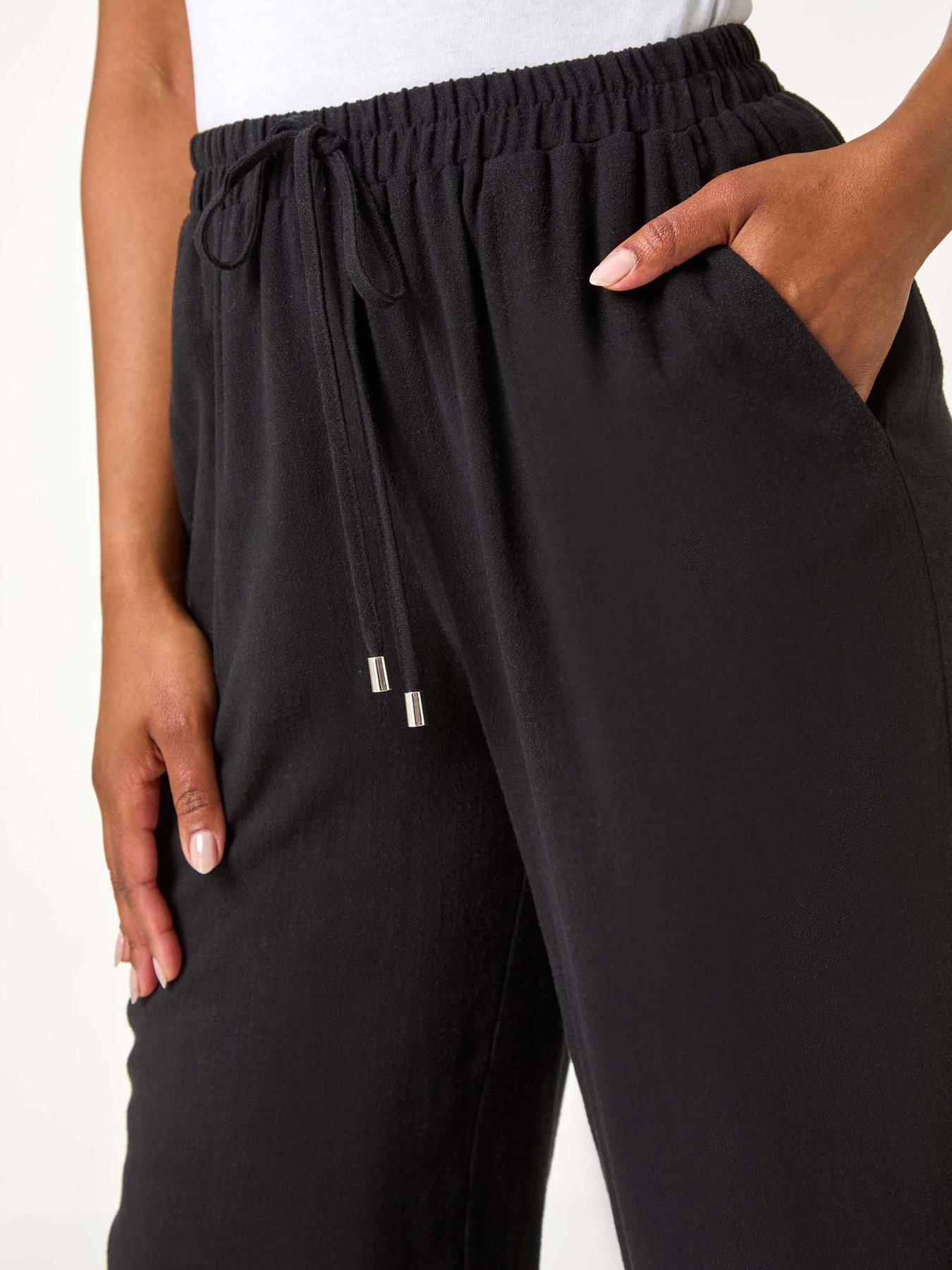 Image 5 of 5 of Roman Petite Linen Mix Wide Cropped Trousers - Black
