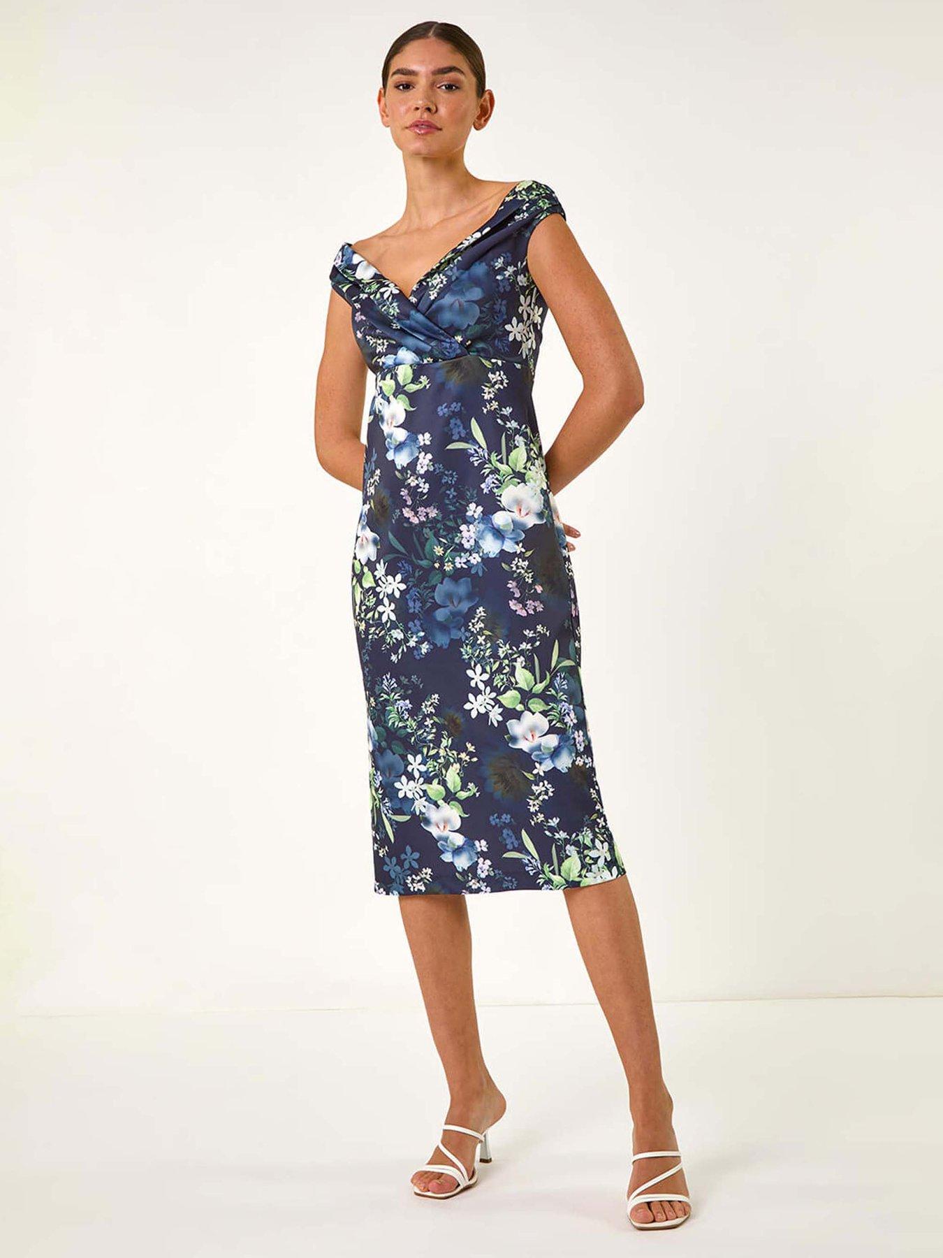 undefined Floral Print Bardot Stretch Midi Dress - Navy