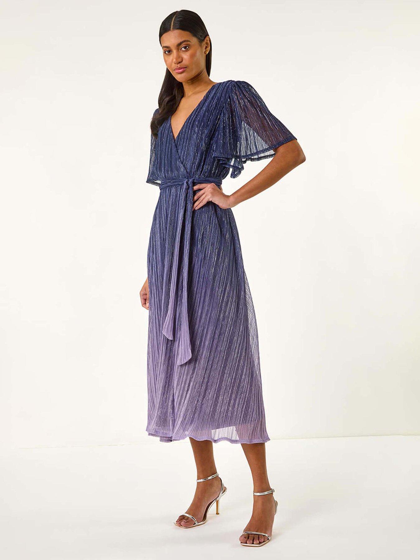 undefined Ombre Shimmer Plisse Midi Dress - Navy