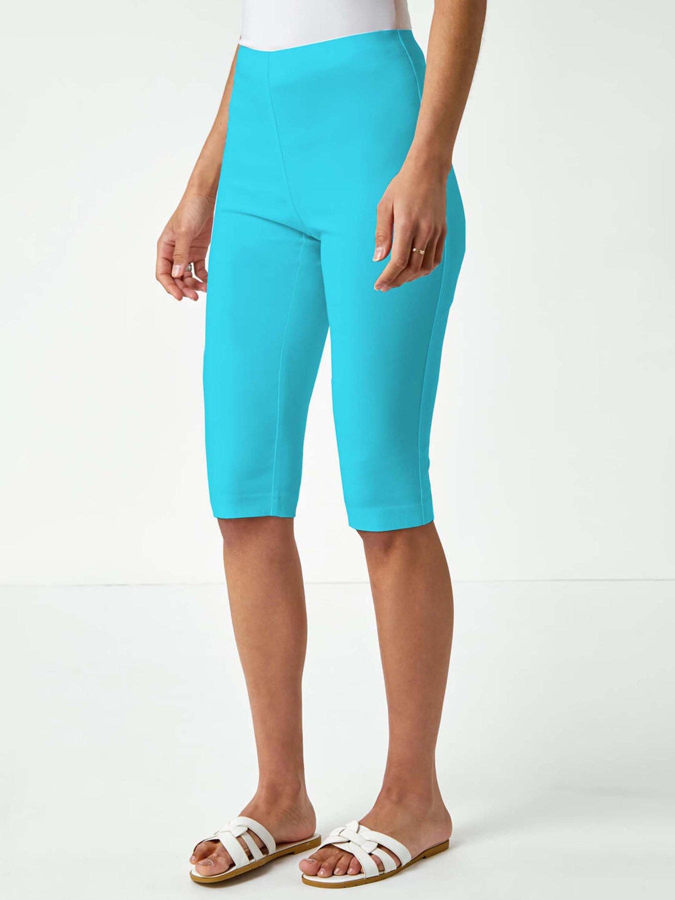 Image 1 of 5 of Roman Elastic Waist Knee Length Stretch Shorts - Turquoise