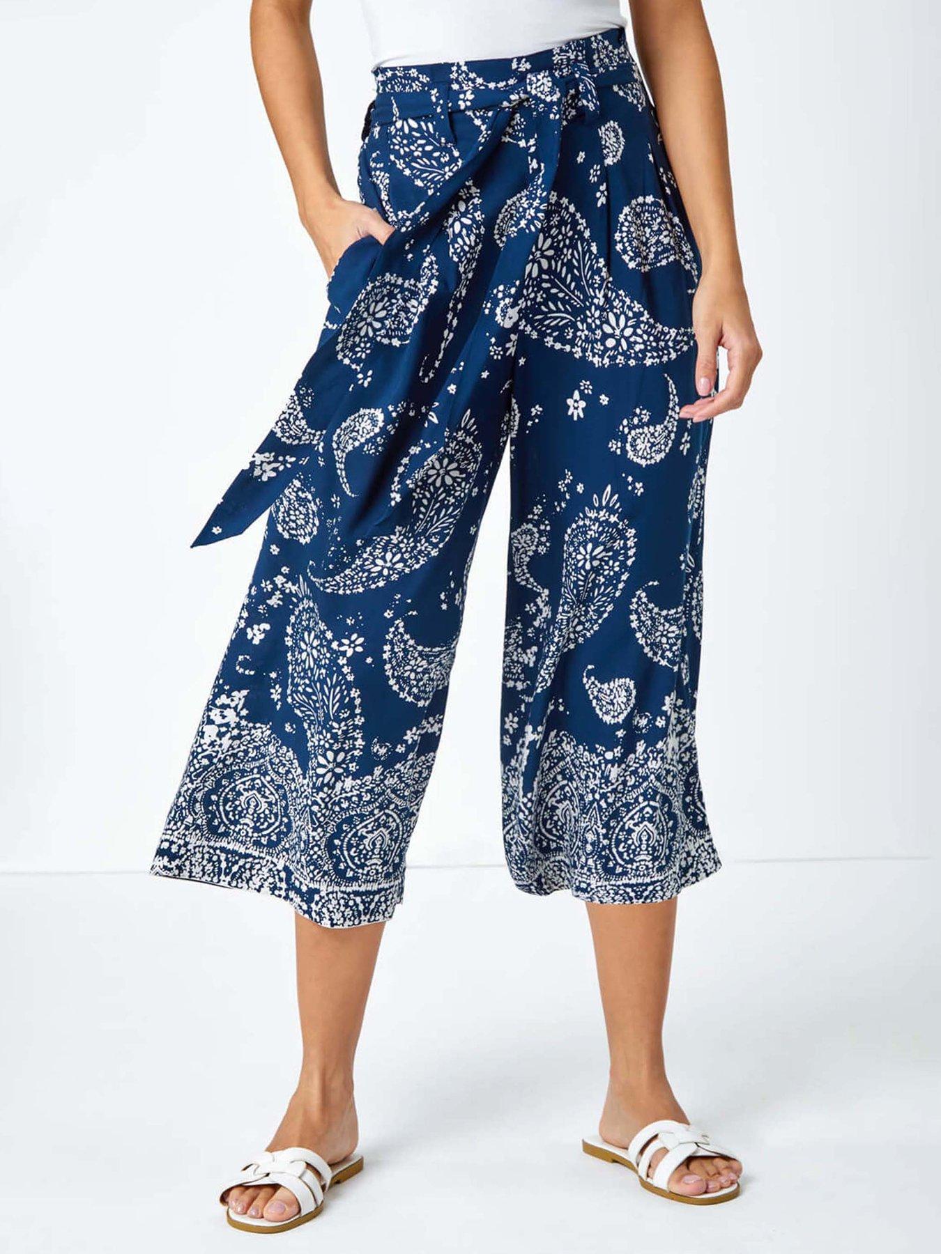 undefined Paisley Print Wide Leg Cropped Trousers - Navy