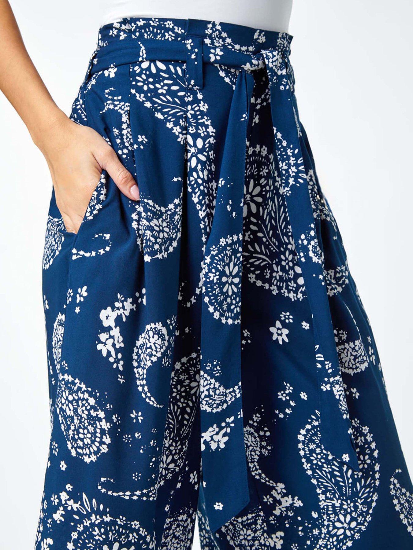  image of roman-paisley-print-wide-leg-cropped-trousers-navy