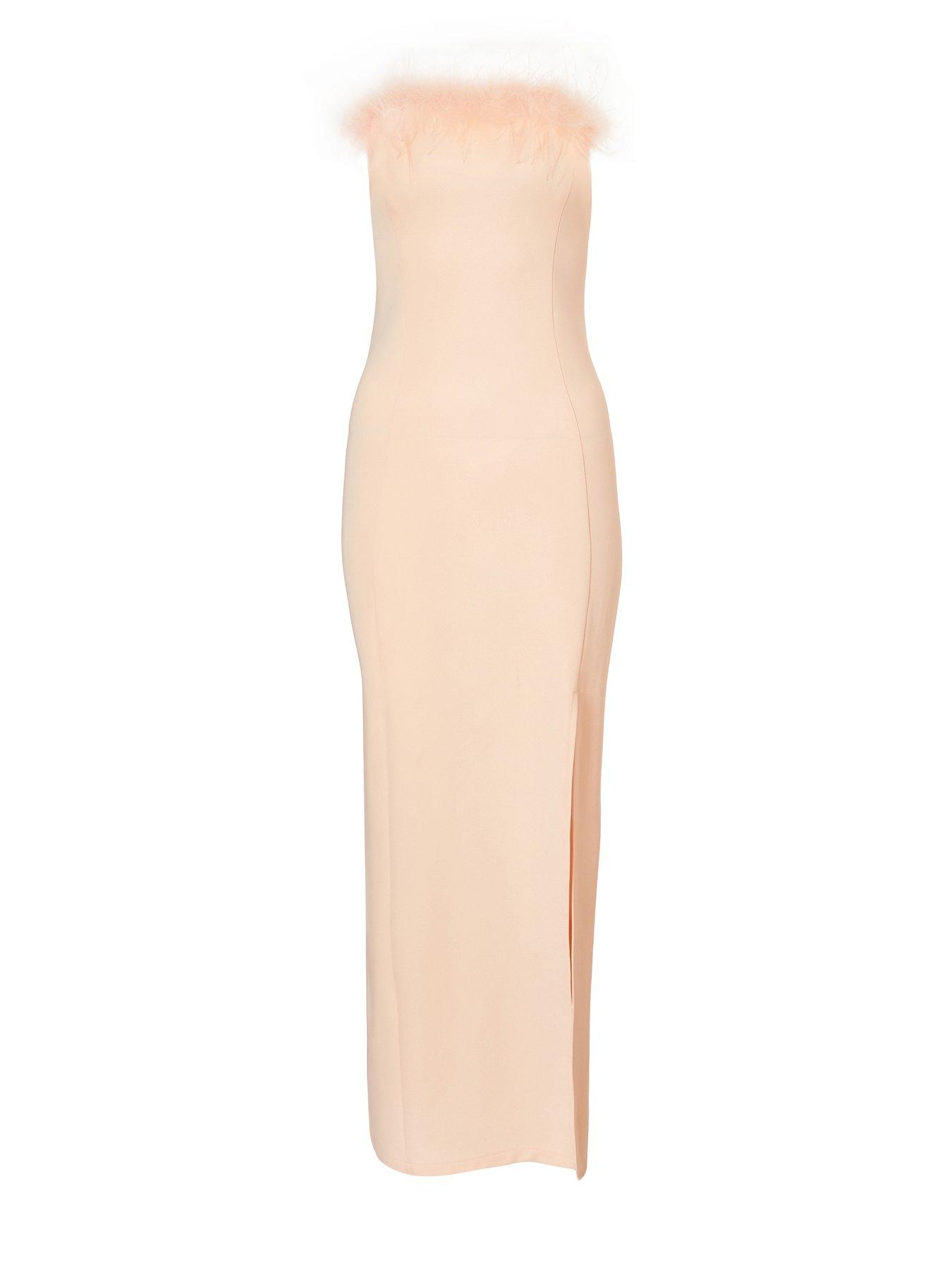  image of quiz-peach-feather-trim-midaxi-dress
