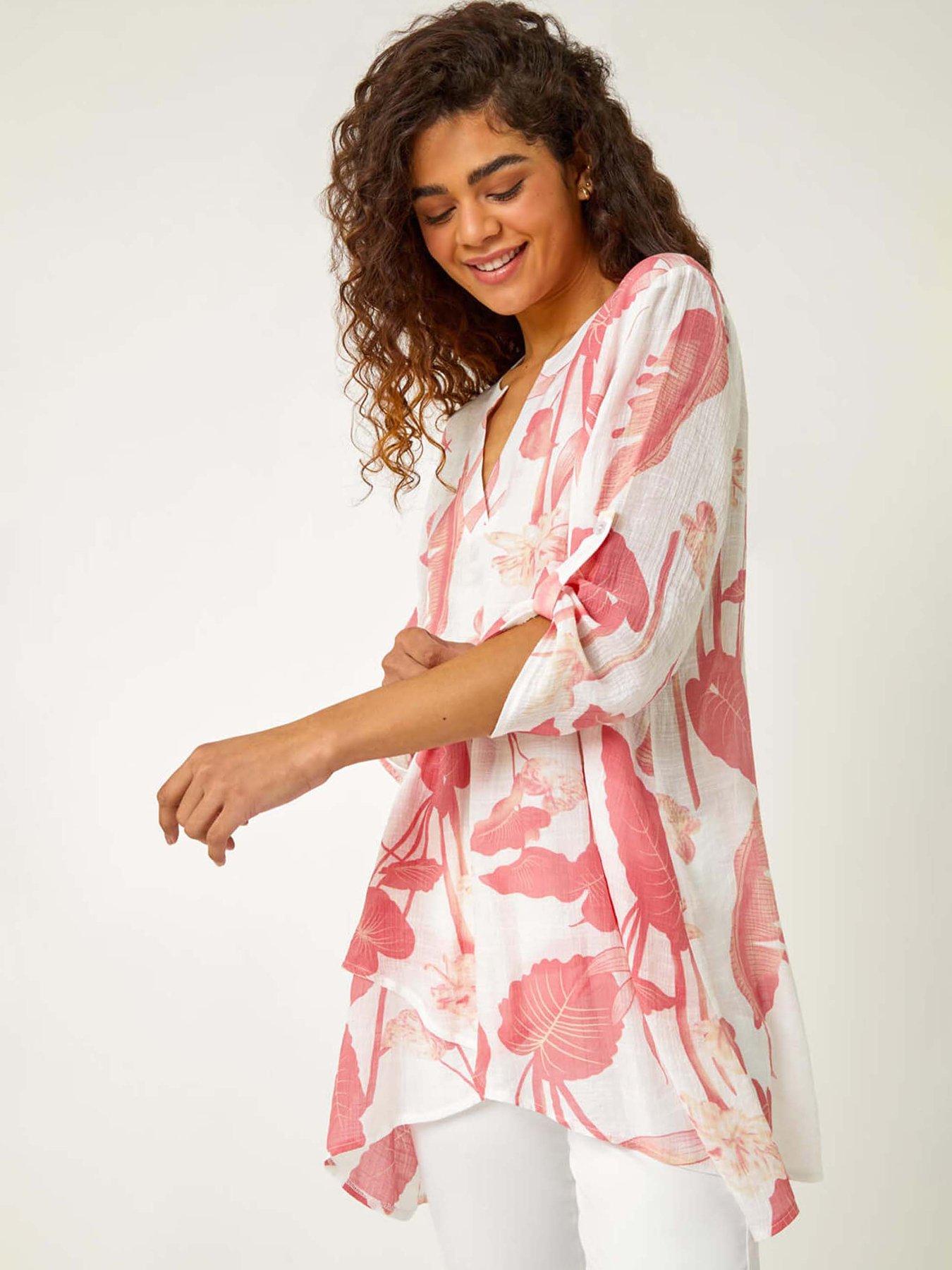 Image 1 of 5 of Roman Palm Print V-neck Wrap Hem Tunic Top - Coral