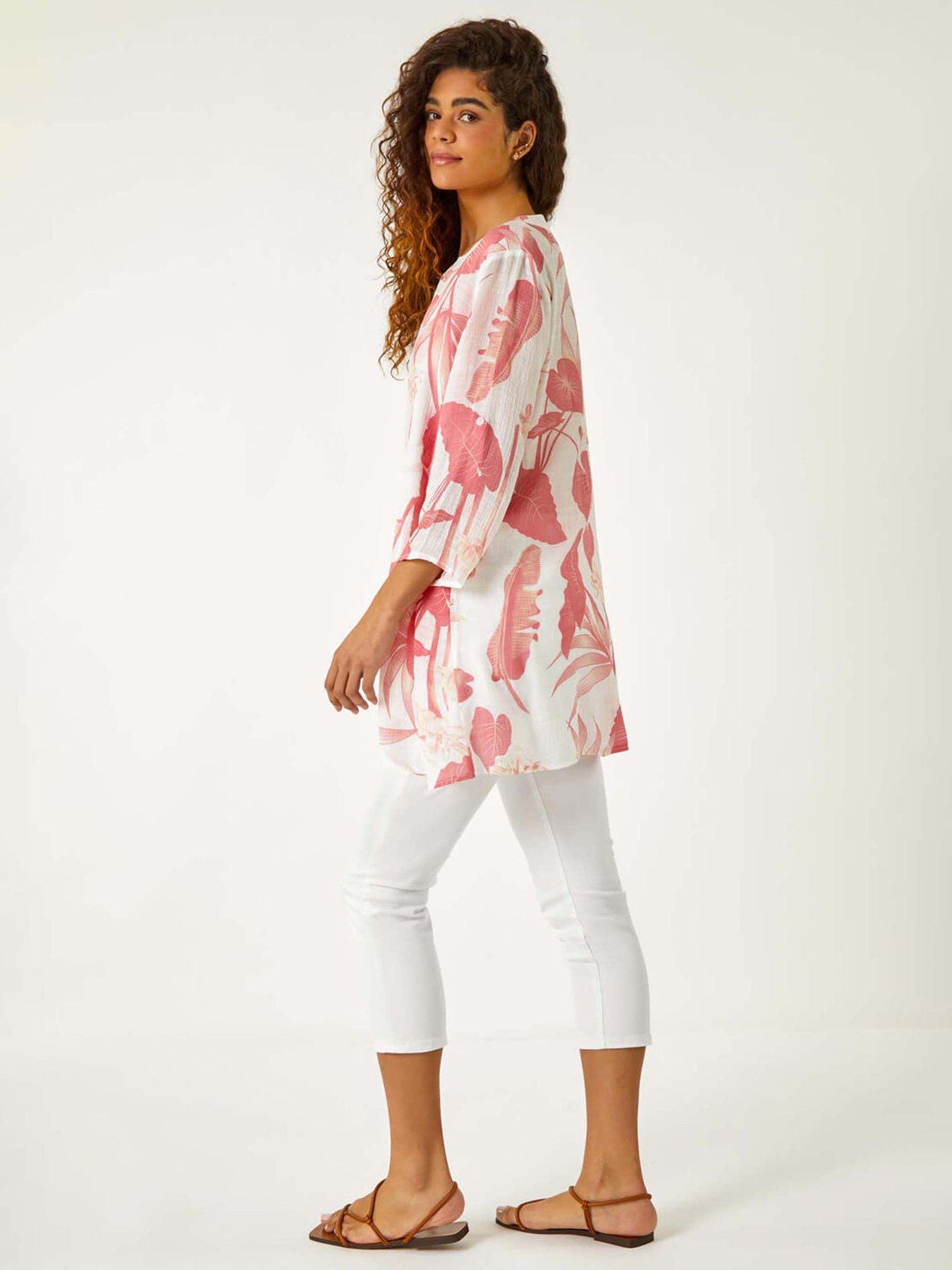 Image 2 of 5 of Roman Palm Print V-neck Wrap Hem Tunic Top - Coral