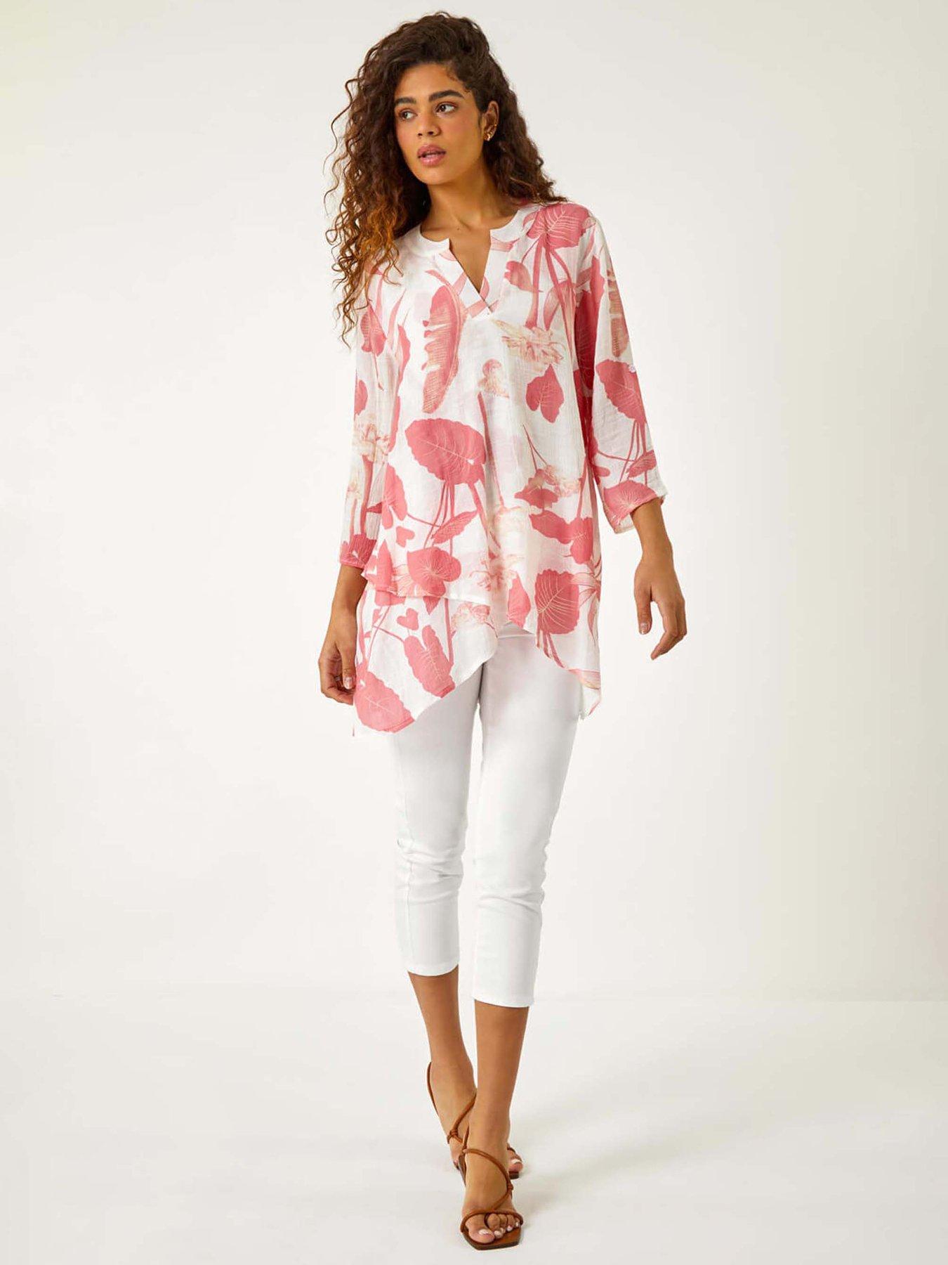 Image 3 of 5 of Roman Palm Print V-neck Wrap Hem Tunic Top - Coral