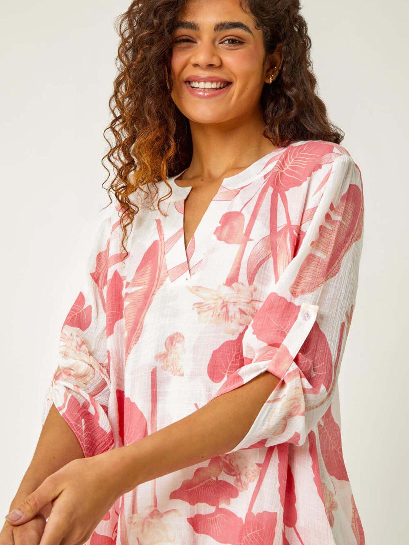 Image 4 of 5 of Roman Palm Print V-neck Wrap Hem Tunic Top - Coral