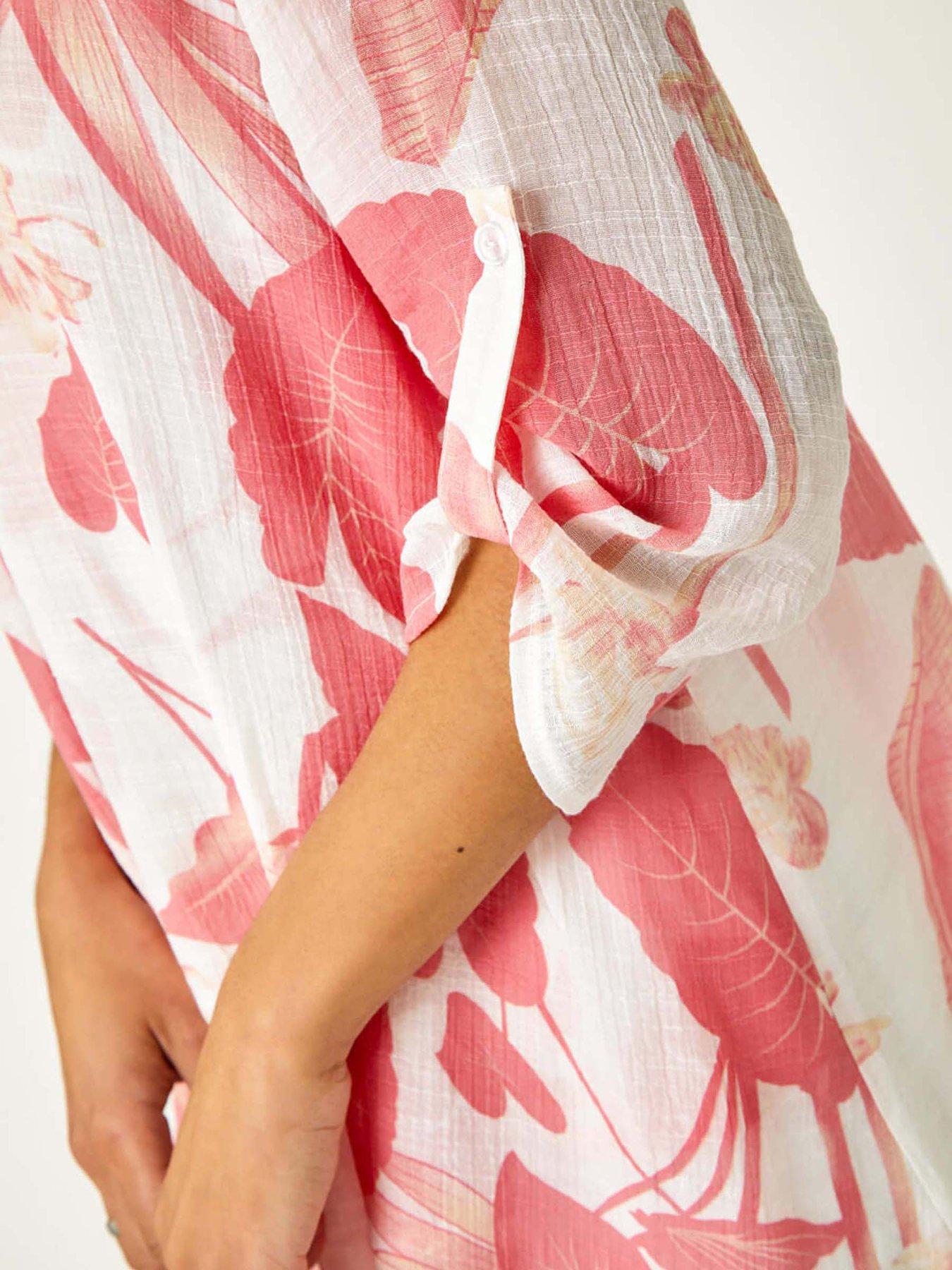 Image 5 of 5 of Roman Palm Print V-neck Wrap Hem Tunic Top - Coral