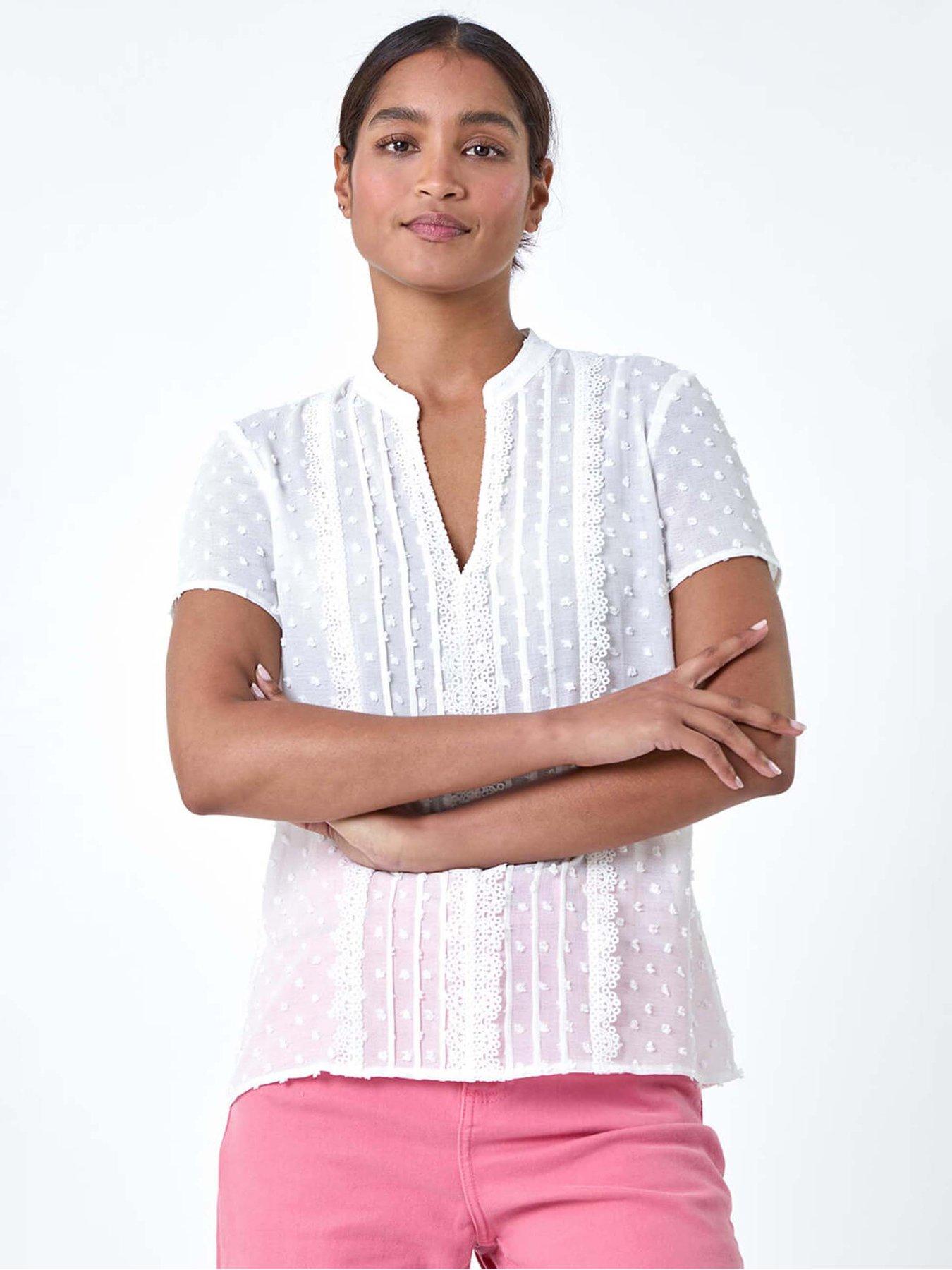  image of roman-textured-spot-lace-trim-top-ivory