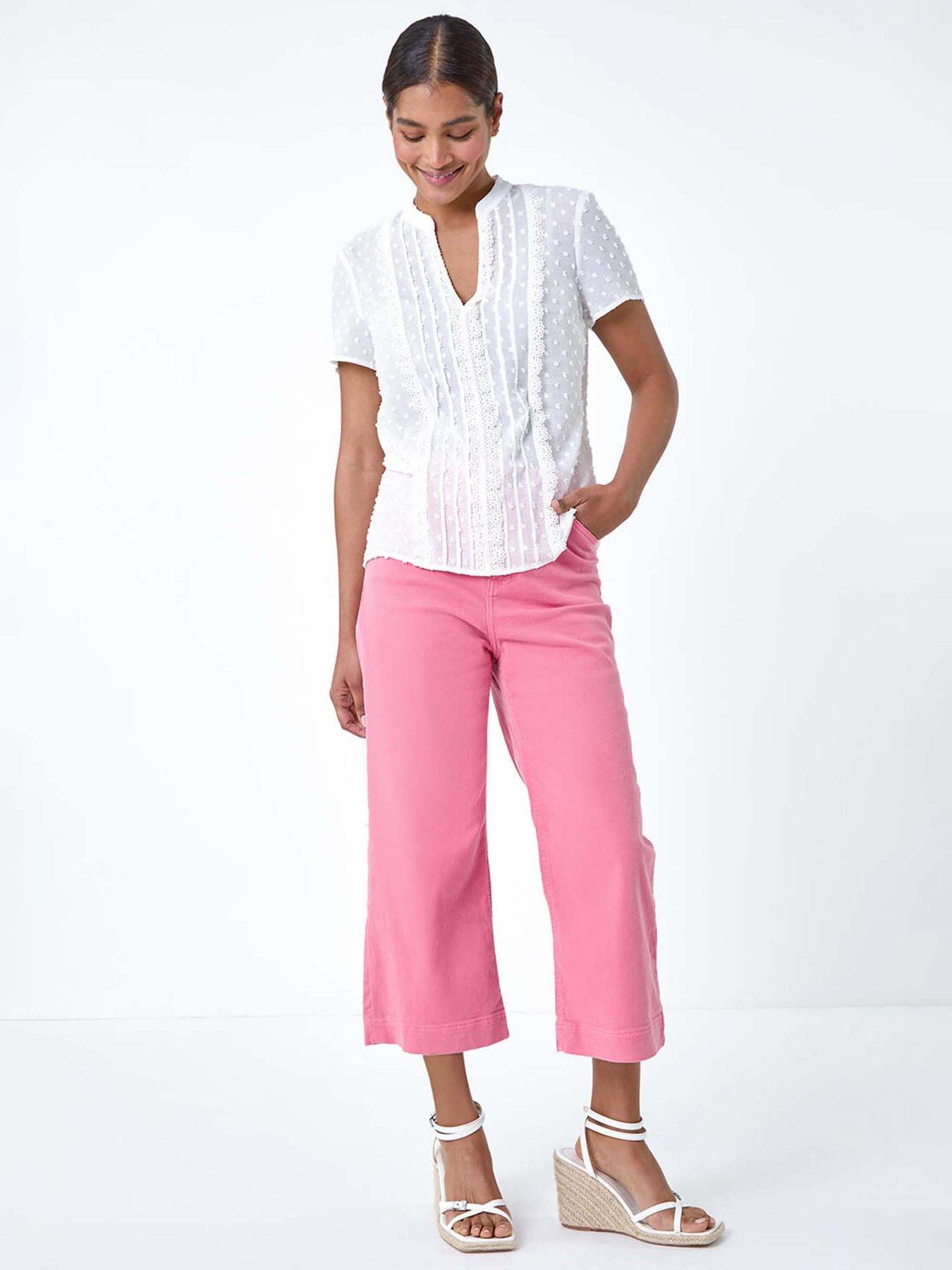  image of roman-textured-spot-lace-trim-top-ivory