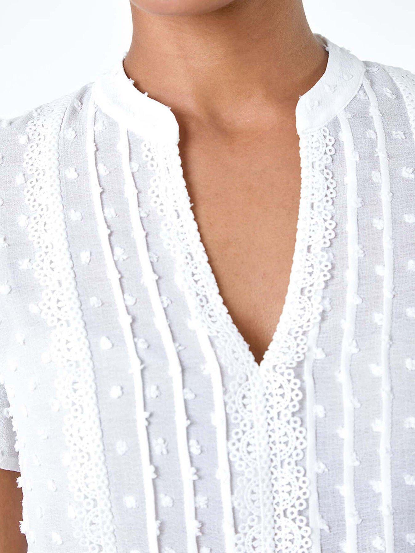  image of roman-textured-spot-lace-trim-top-ivory
