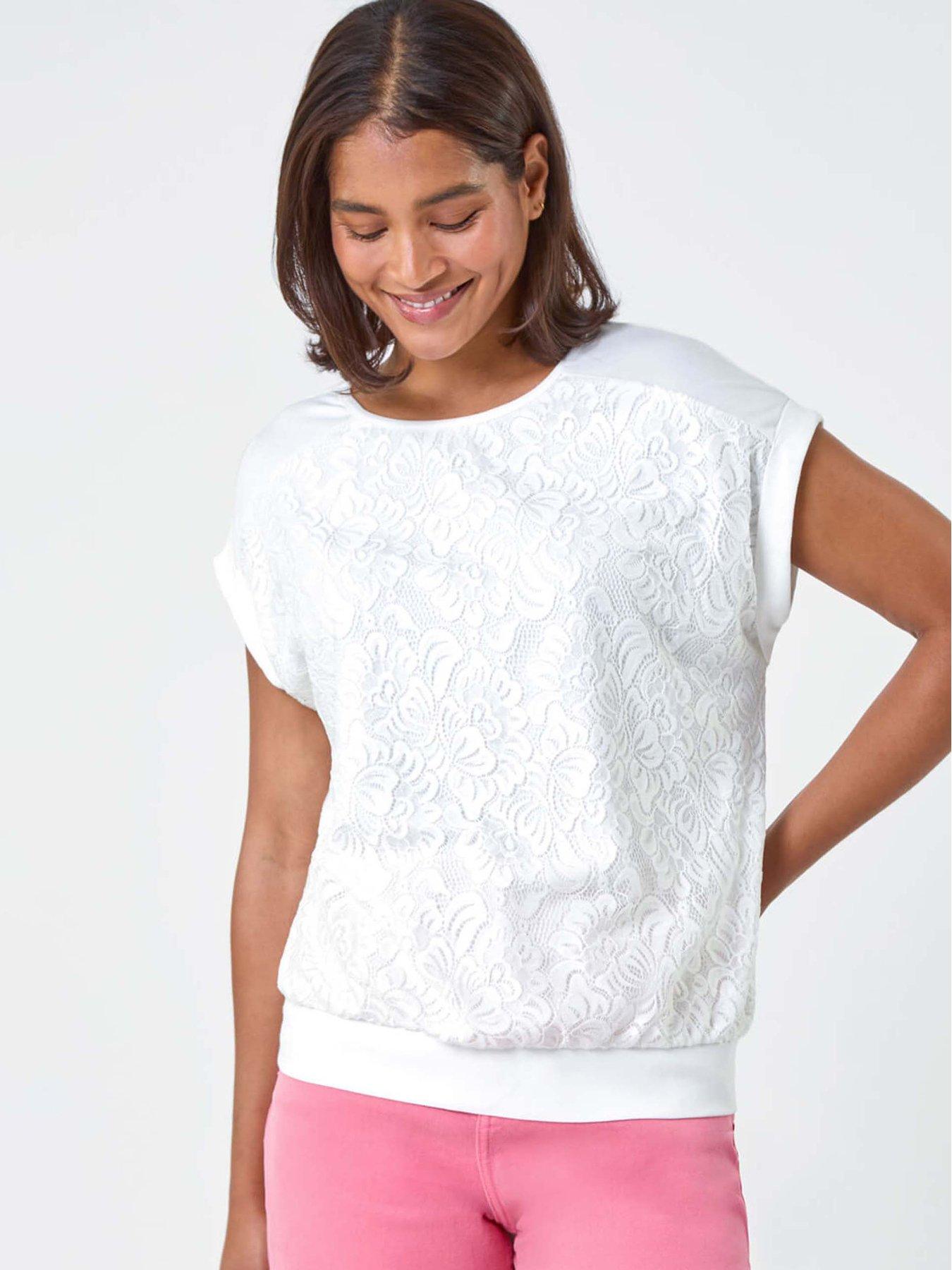 Image 1 of 5 of Roman Lace Panel Stretch Jersey Top - Ivory