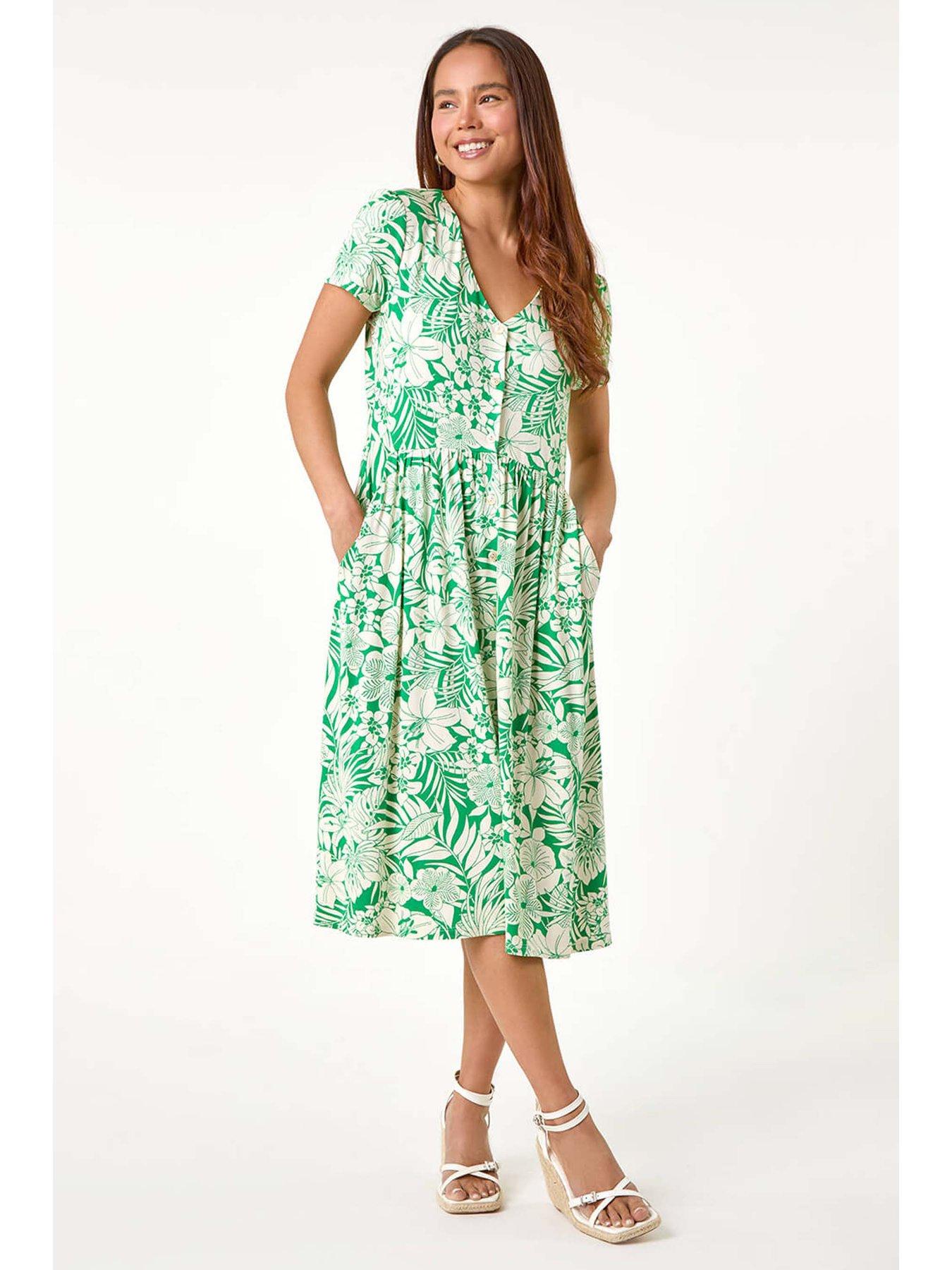 undefined Petite Tropical Pocket Stretch Midi Dress - Green