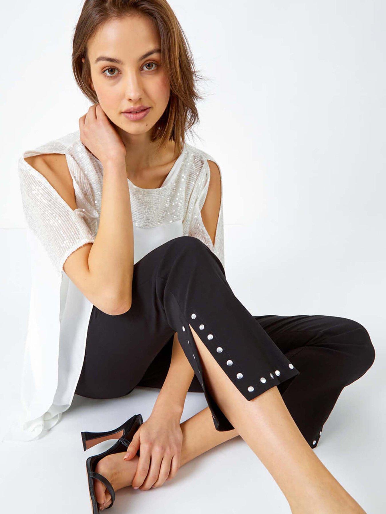 undefined Elastic Waist Stud Detail Cropped Trouser - Black