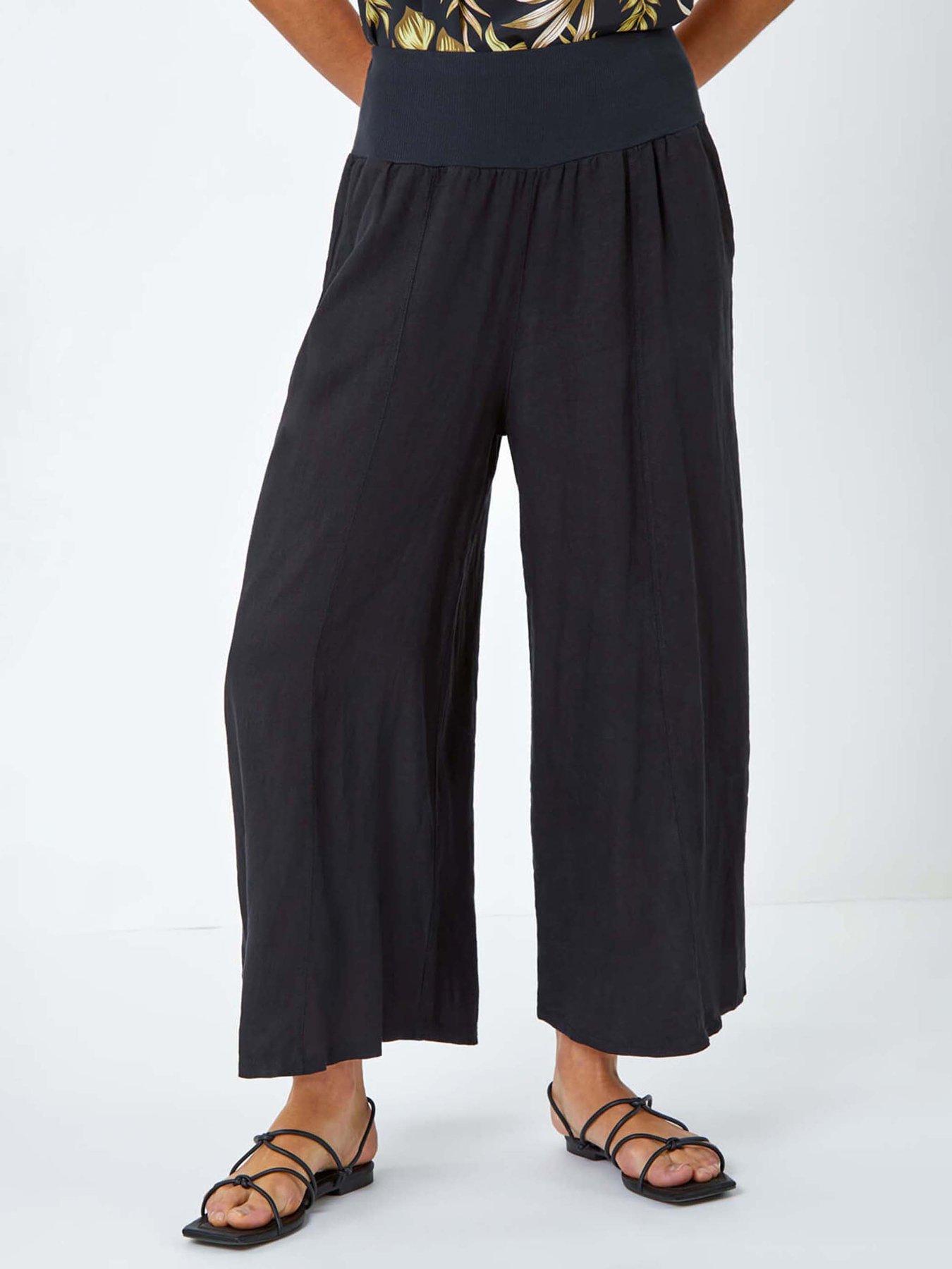 Roman Linen Blend Stretch Waist Culottes - Black