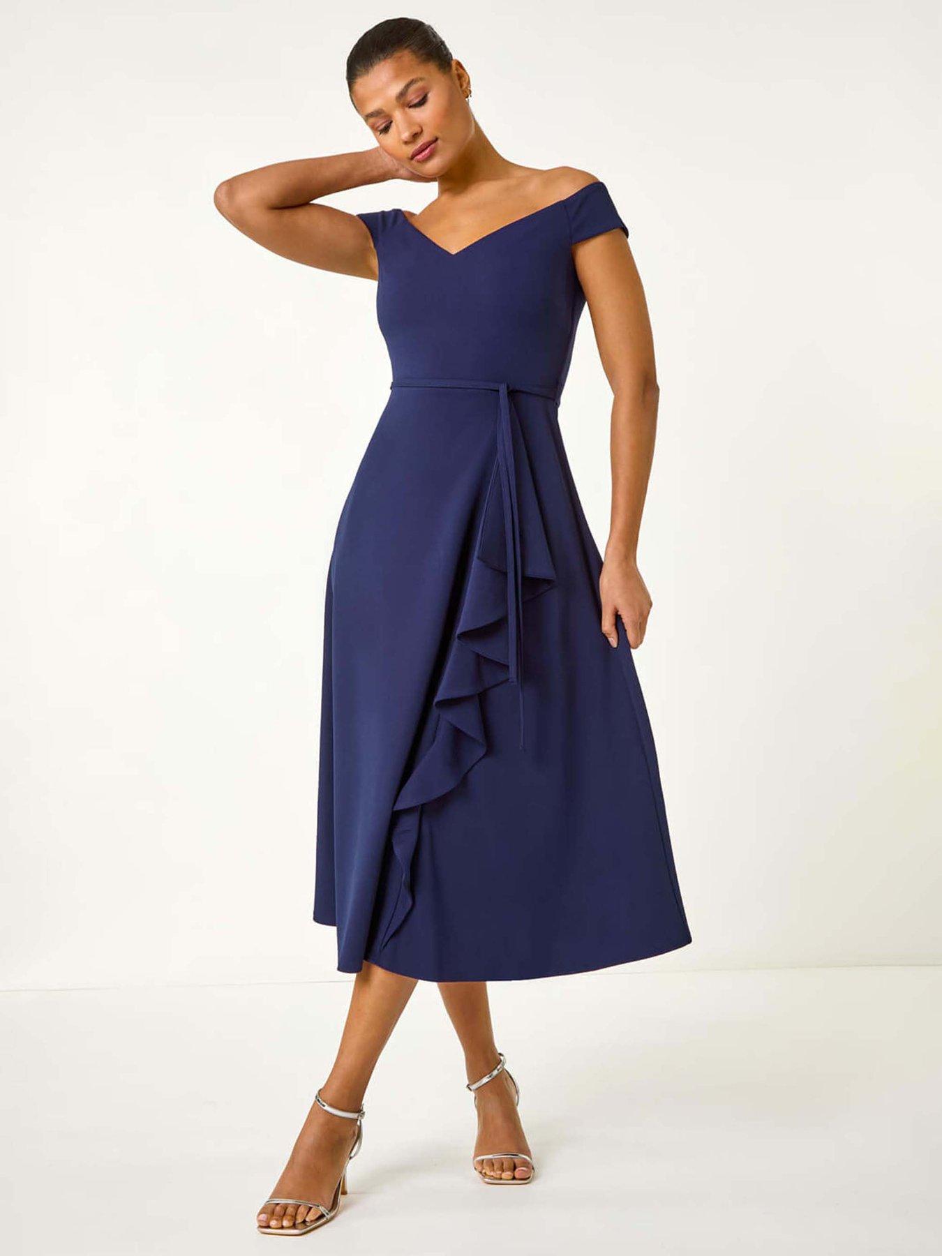 undefined Bardot Ruffle Wrap Dress - Navy
