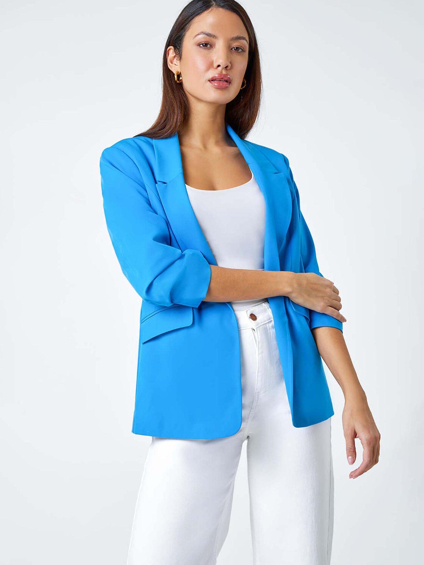 undefined Ruched 3/4 Sleeve  Stretch Blazer  - Blue