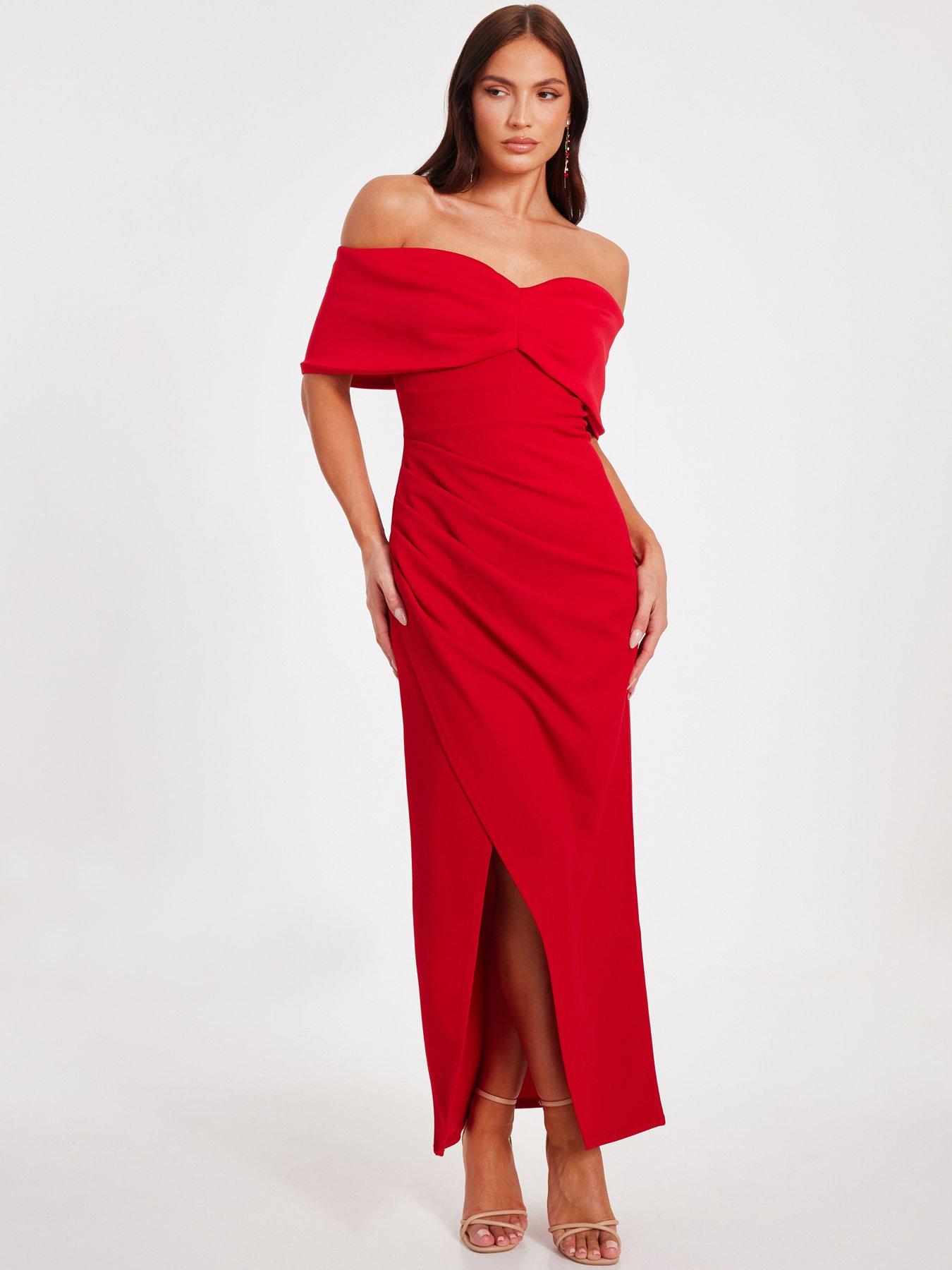 undefined Petite Red Bardot Front Wrap Maxi Dress