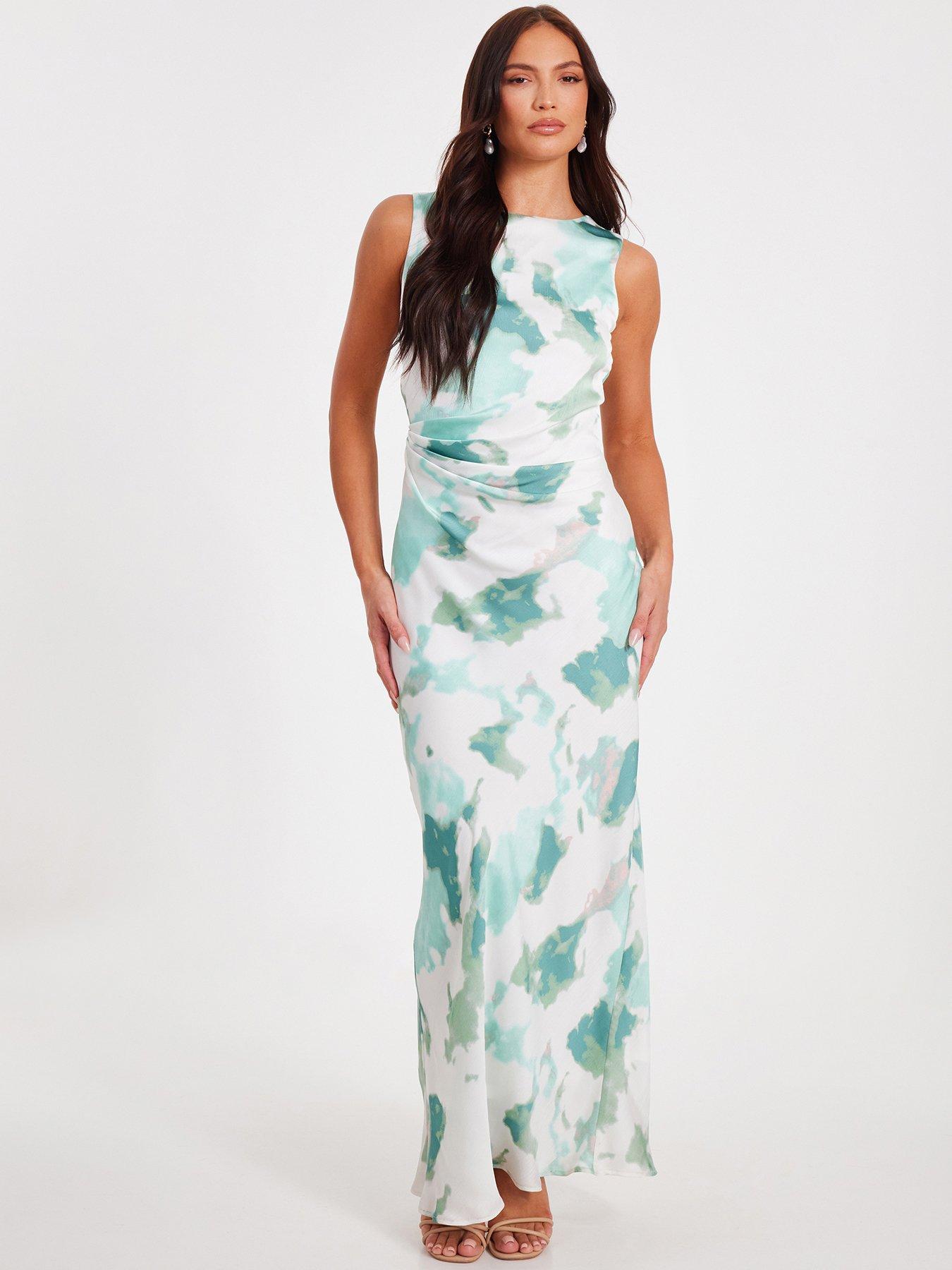 front image of quiz-sage-satin-marble-print-midaxi-dress