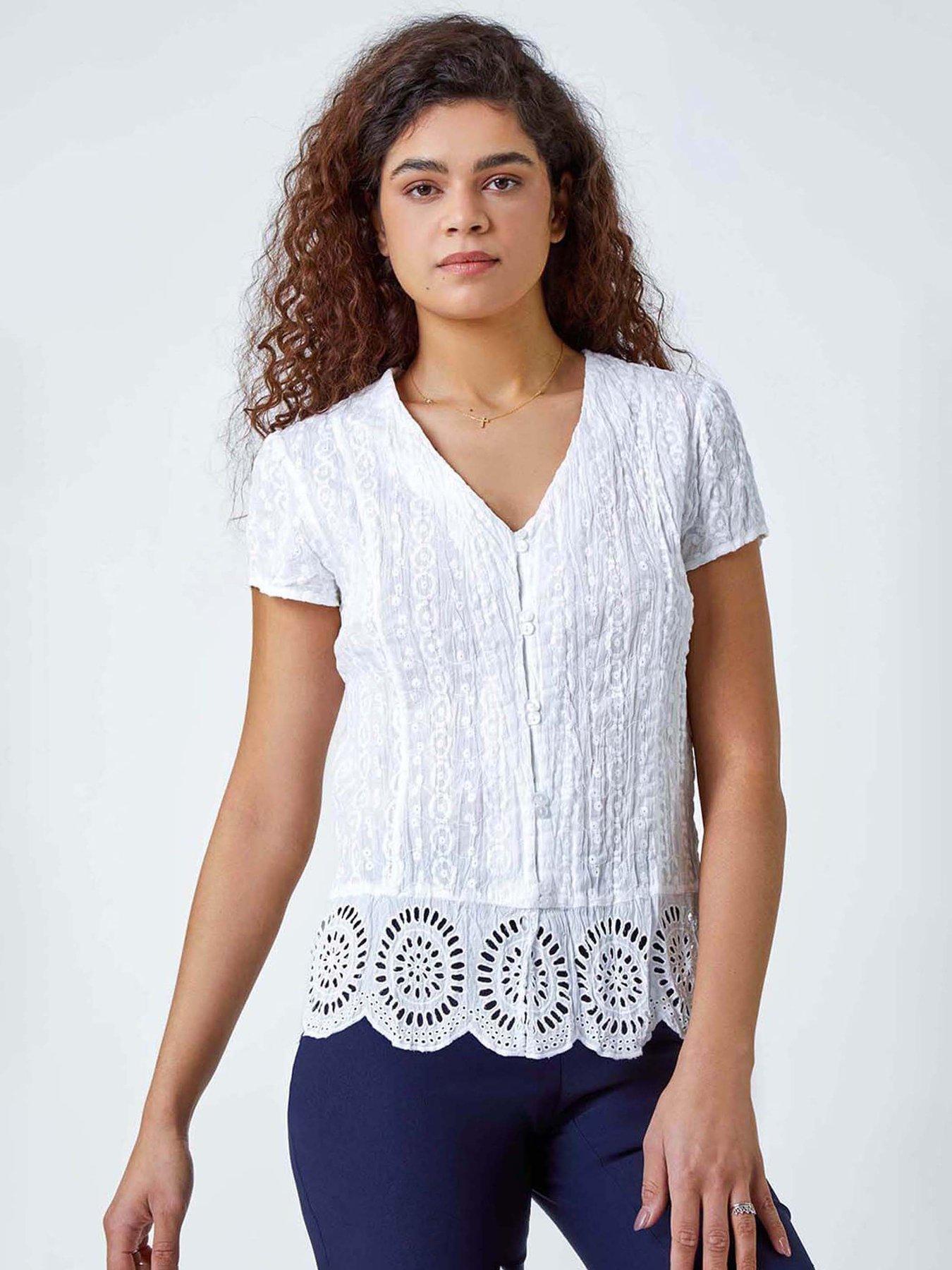 undefined Cotton Embroidered Crinkle Blouse - White