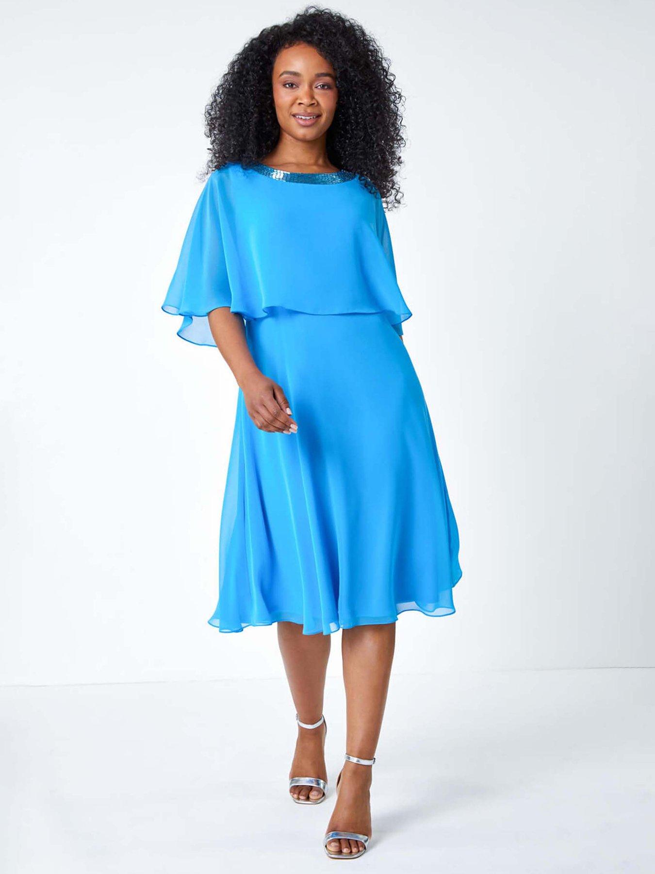 undefined Petite Sequin Trim Chiffon Cape Dress - Blue