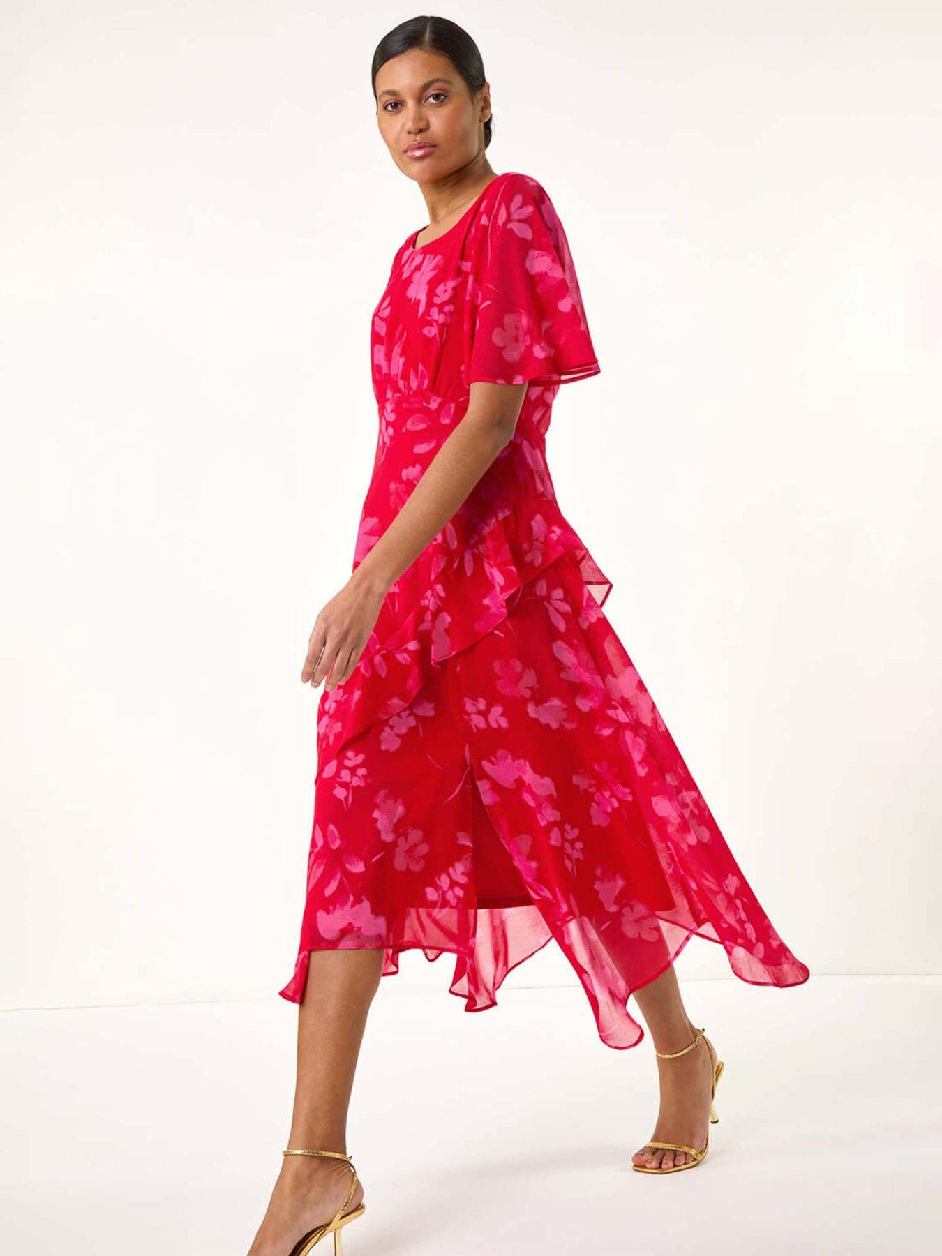 Image 1 of 5 of Roman Floral Frill High Low Midi Dress - Red