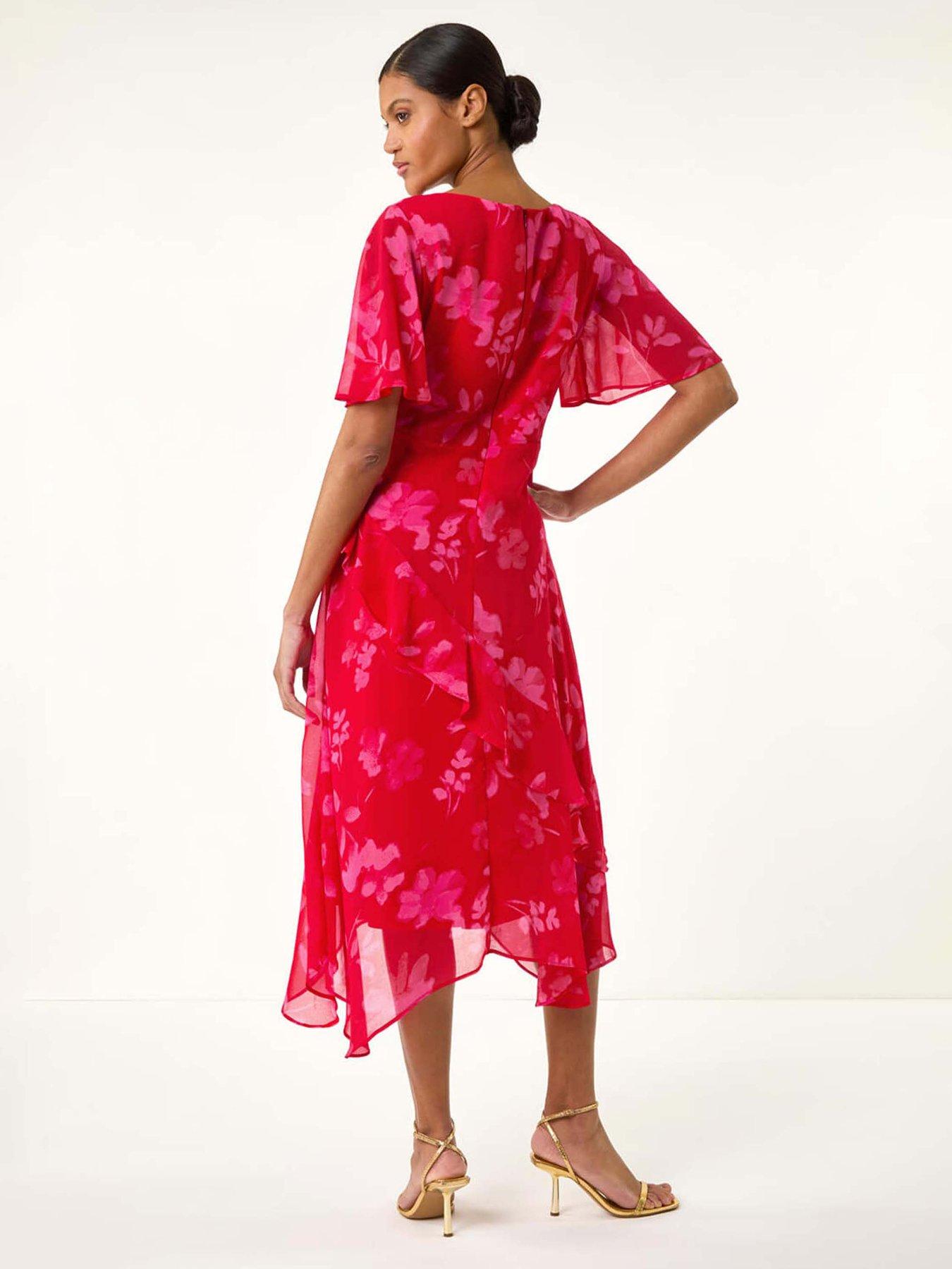 Image 2 of 5 of Roman Floral Frill High Low Midi Dress - Red