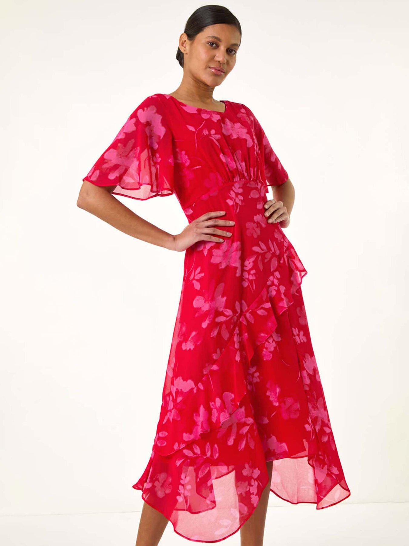 Image 3 of 5 of Roman Floral Frill High Low Midi Dress - Red