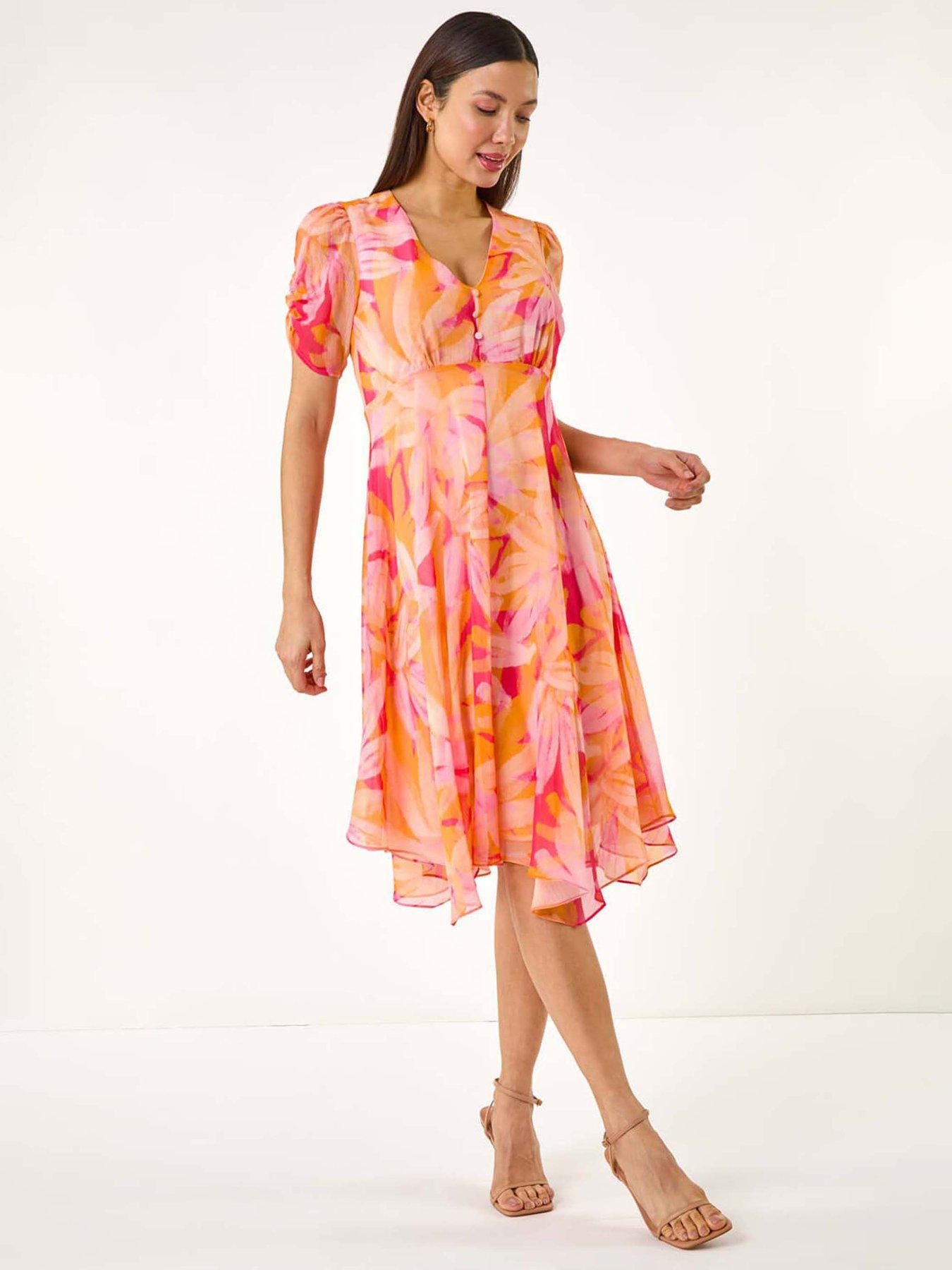 undefined Abstract Painted Floral Hanky Hem Dress - Orange