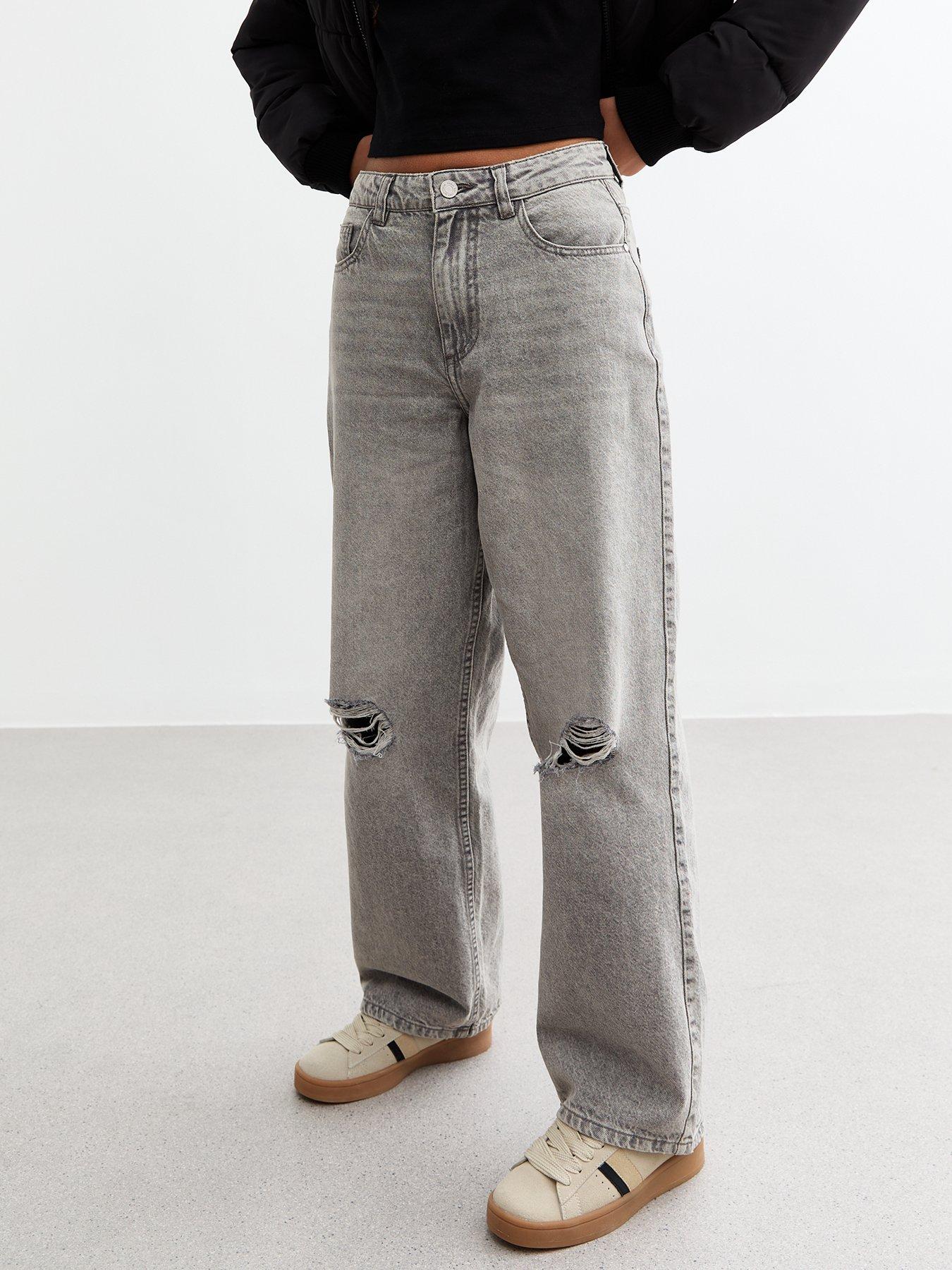 undefined Girls Grey Ripped Wide Leg Jeans