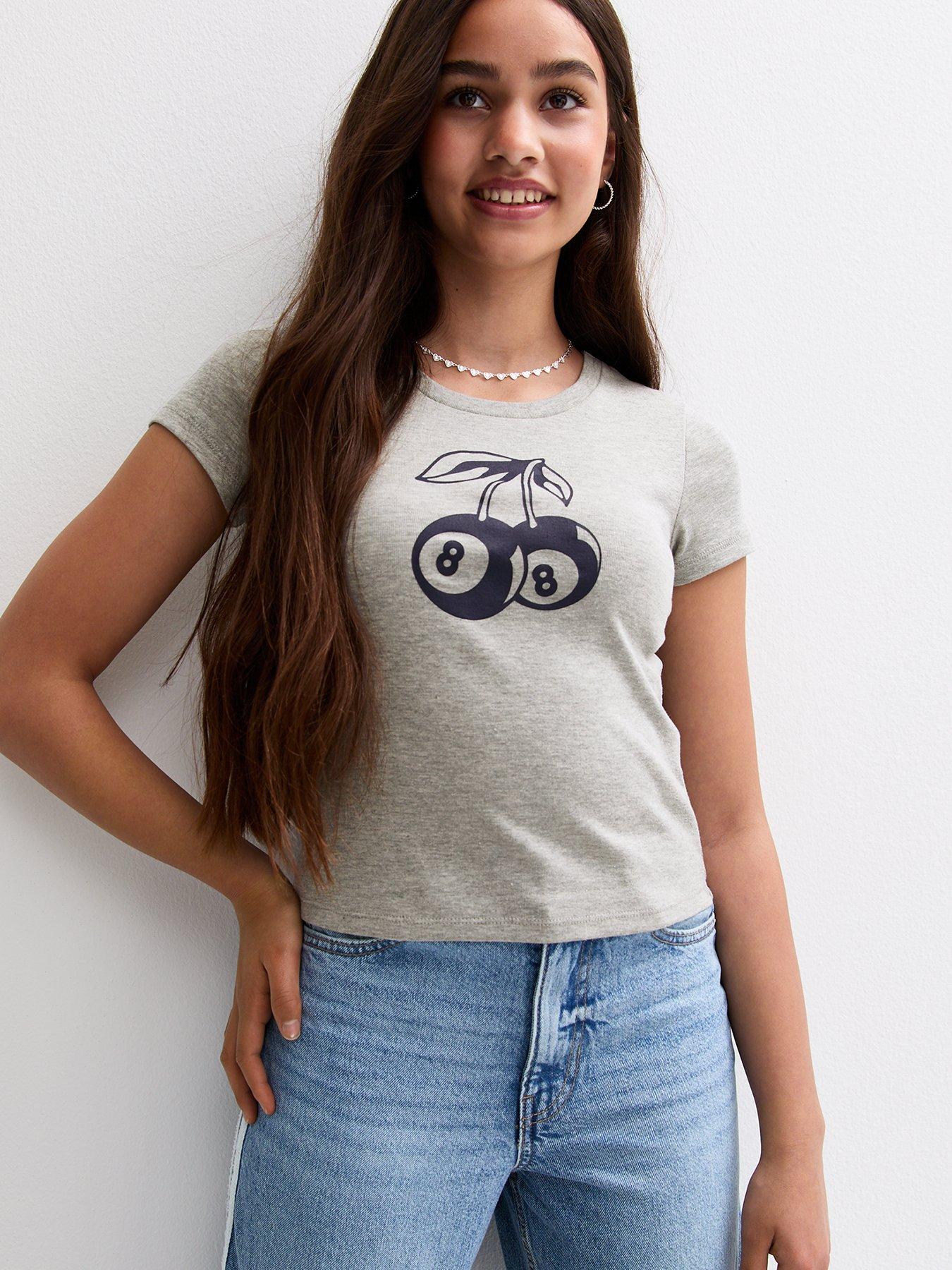 undefined Girls Grey Cherry Eight Ball Print T-shirt