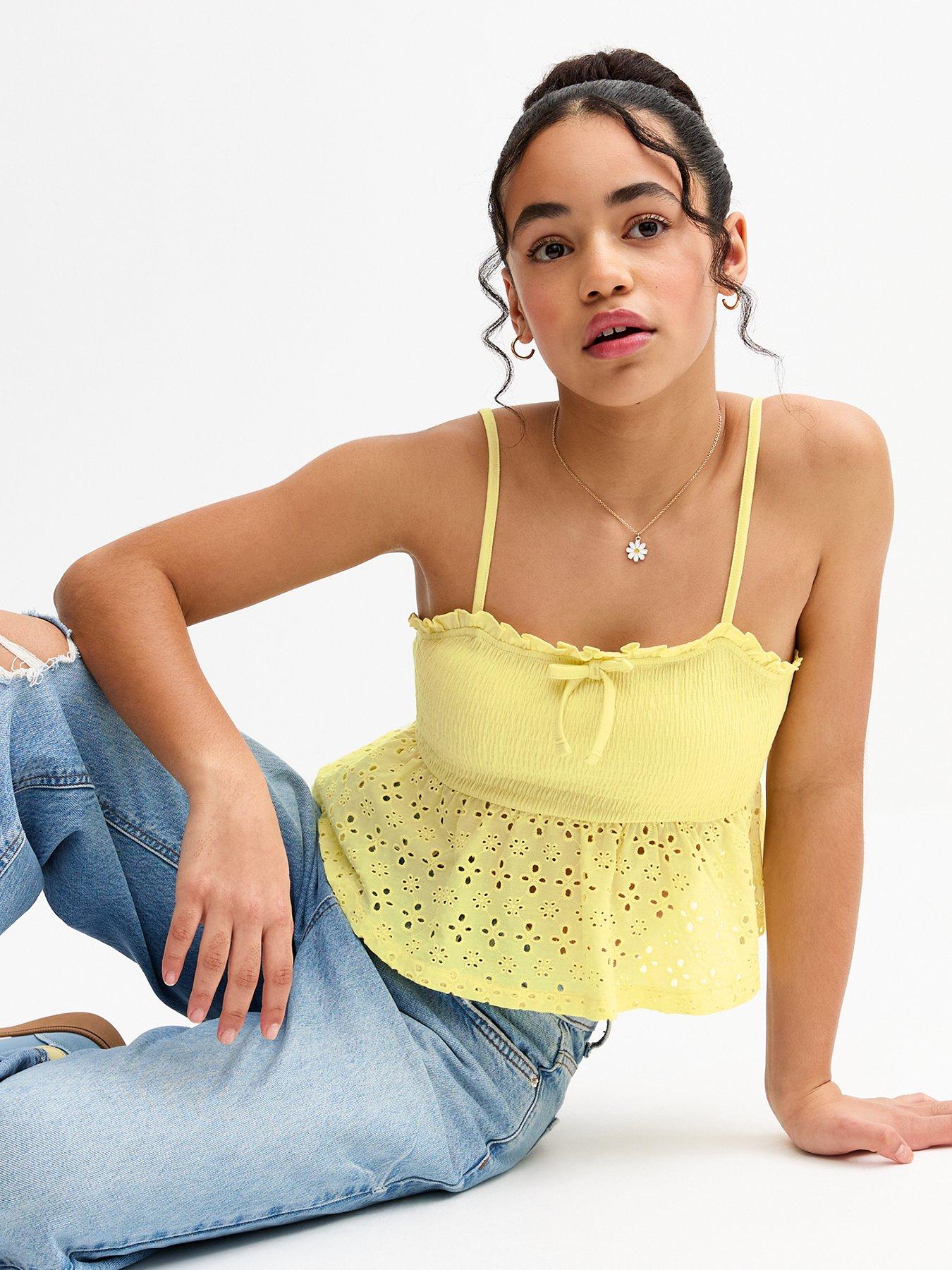 undefined Girls Light Yellow Broderie Anglaise Babydoll Cami Top