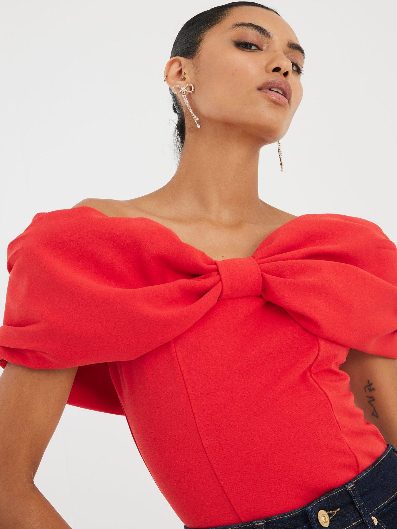 Image 3 of 3 of River Island 3D Bow Bardot Top - Red