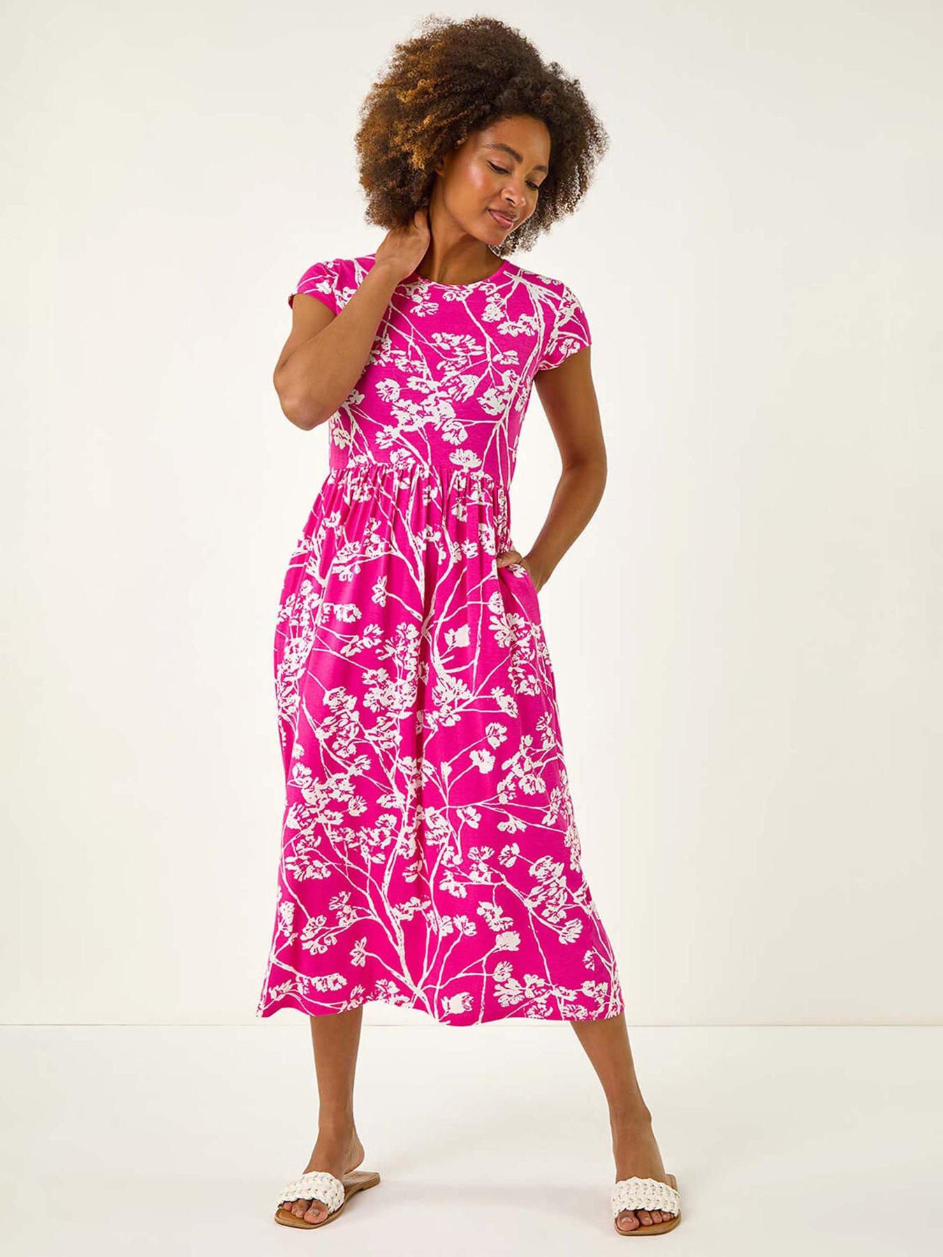 undefined Floral Print Midi Stretch Dress - Pink