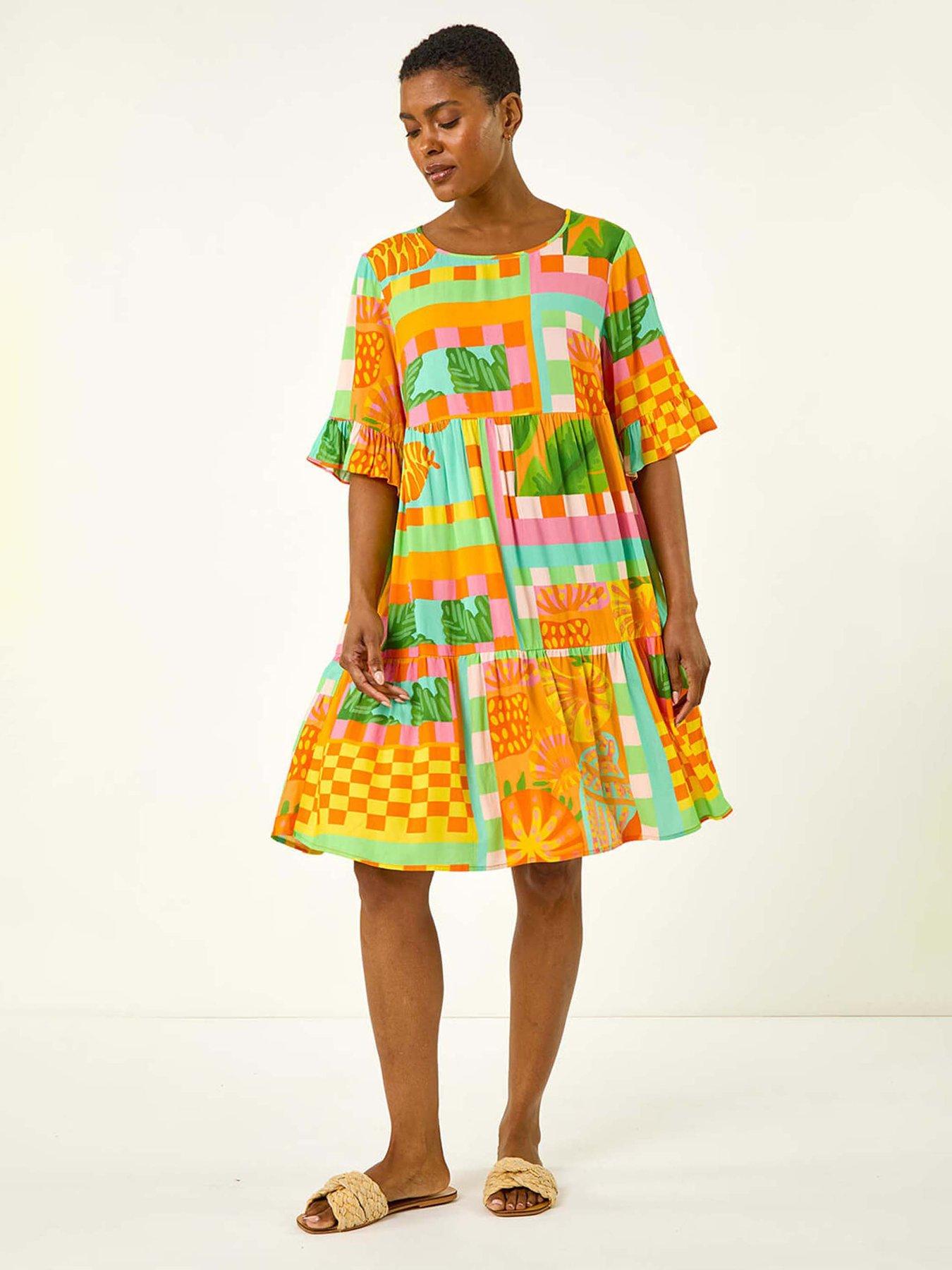 undefined Bright Printed Smock Dress - Orange