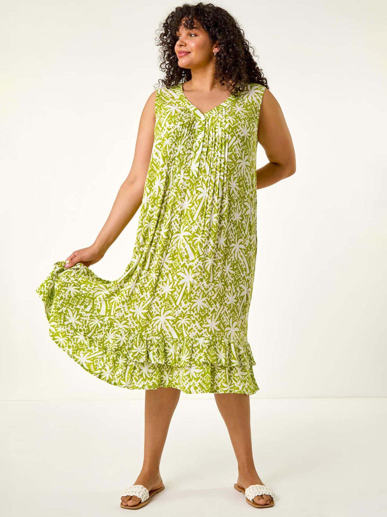 undefined Curve Palm Print Peated V-neck Dress - Green