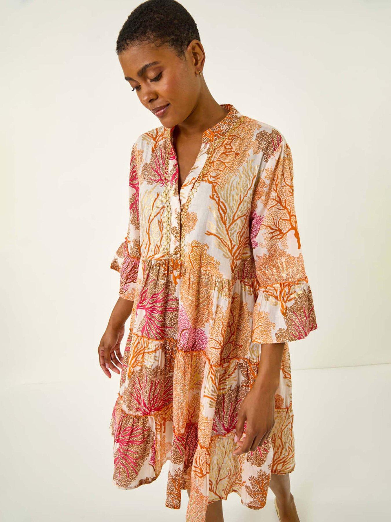 undefined Cotton Printed Frill Smock Dress - Orange
