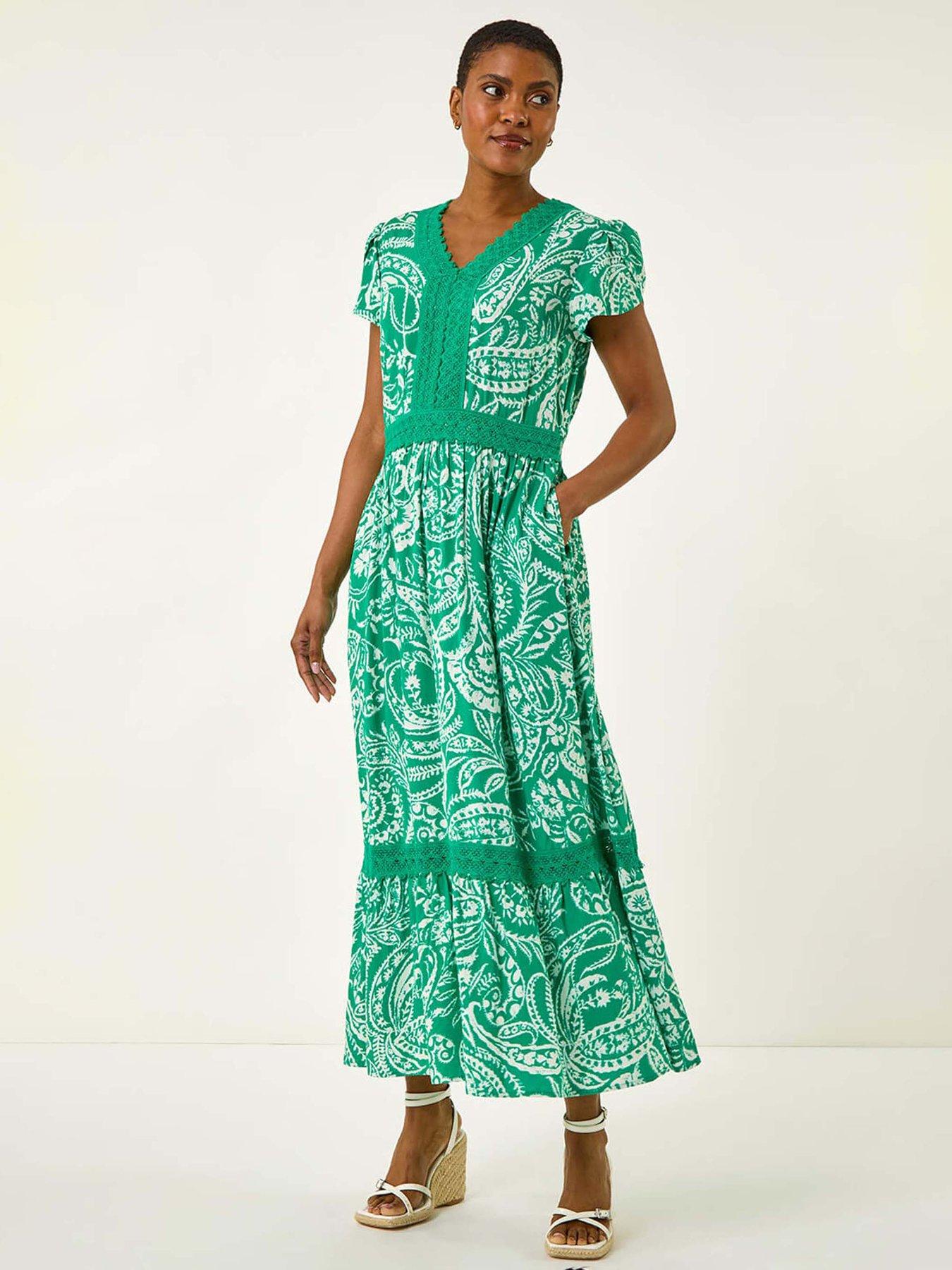 undefined Paisley Lace Trim Midi Dress - Green