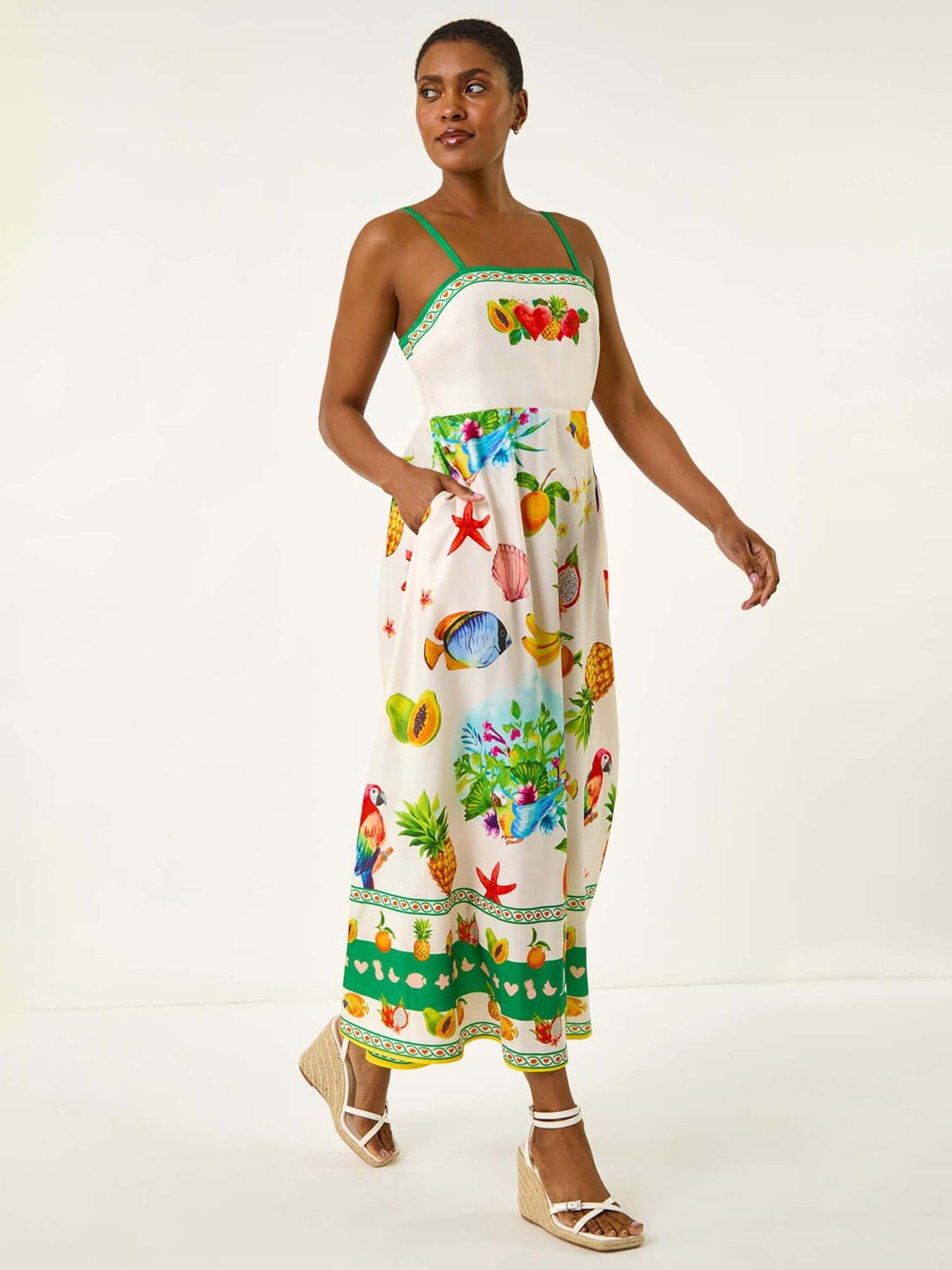 undefined Fruit Print Strap Detail Midi Dress - White